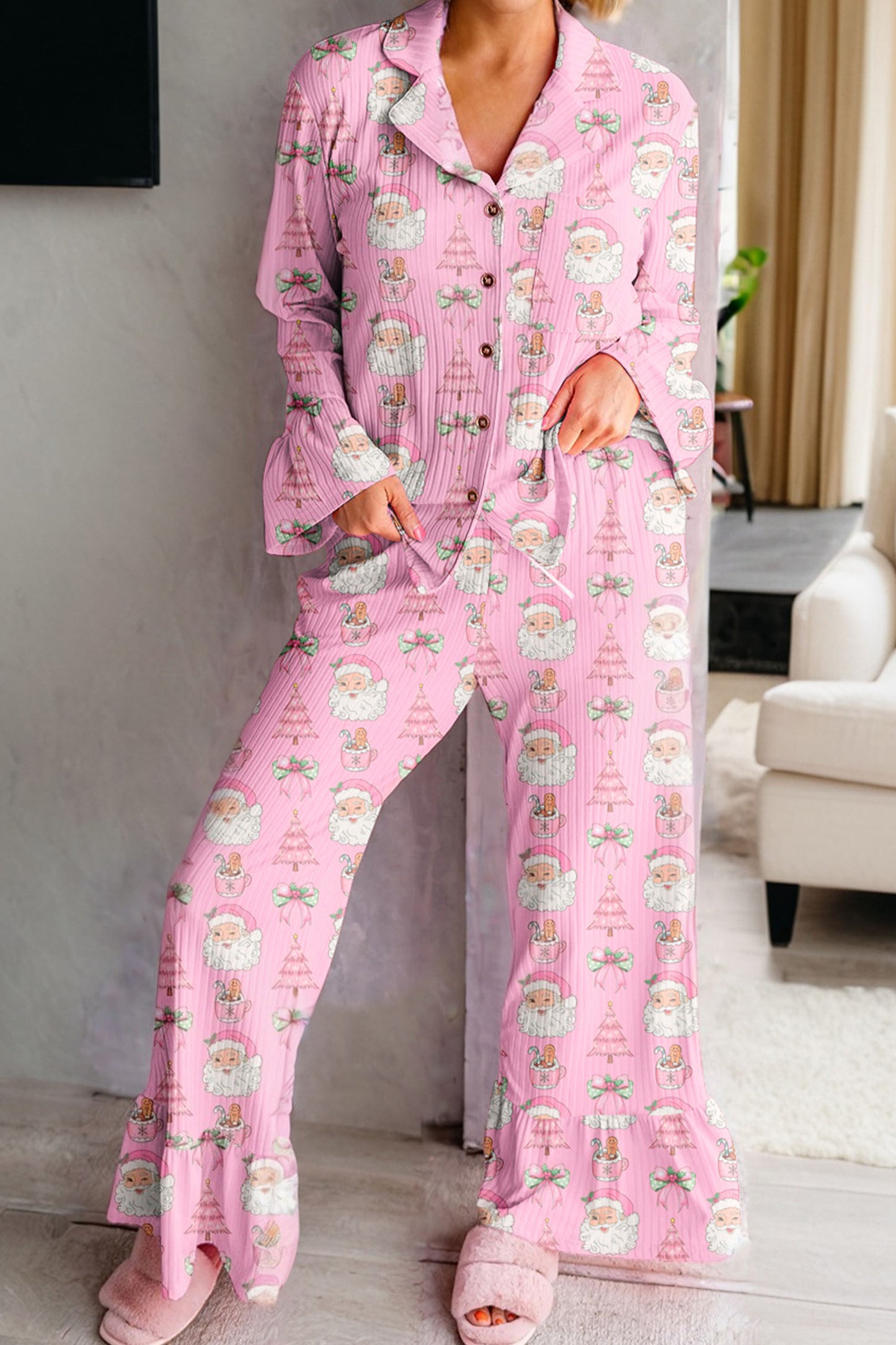 Pink Christmas Print Ruffled Ribbed Shirt & Pants 2 Piece PJ Set-Loungewear & Sleepwear/Sleepwear-[Adult]-[Female]-2022 Online Blue Zone Planet