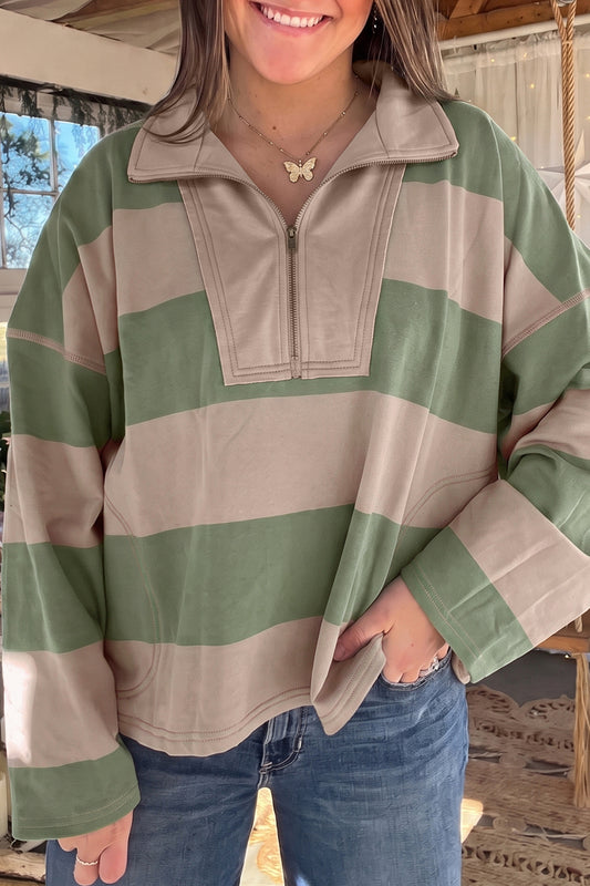 Green Striped Colorblock Zipper Pullover Long Sleeve Loose Top-Tops/Long Sleeve Tops-[Adult]-[Female]-Green-S-2022 Online Blue Zone Planet