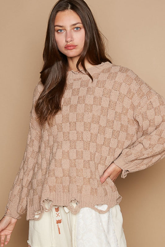 Blue Zone Planet | POL Checkered Distressed Edge Sweater-TOPS / DRESSES-[Adult]-[Female]-Mocha Beige-S-2022 Online Blue Zone Planet