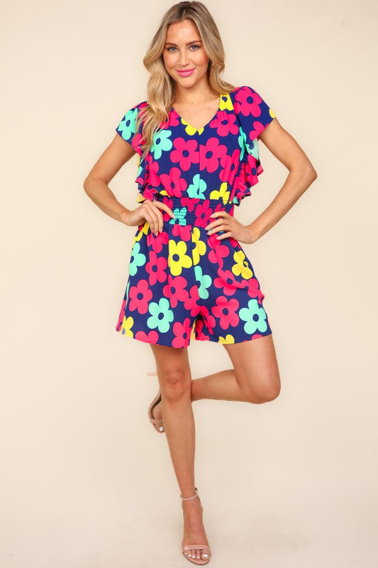 Haptics Floral Smocked Waist Romper with Side Pockets-TOPS / DRESSES-[Adult]-[Female]-Navy/Fuchsia-S-2022 Online Blue Zone Planet