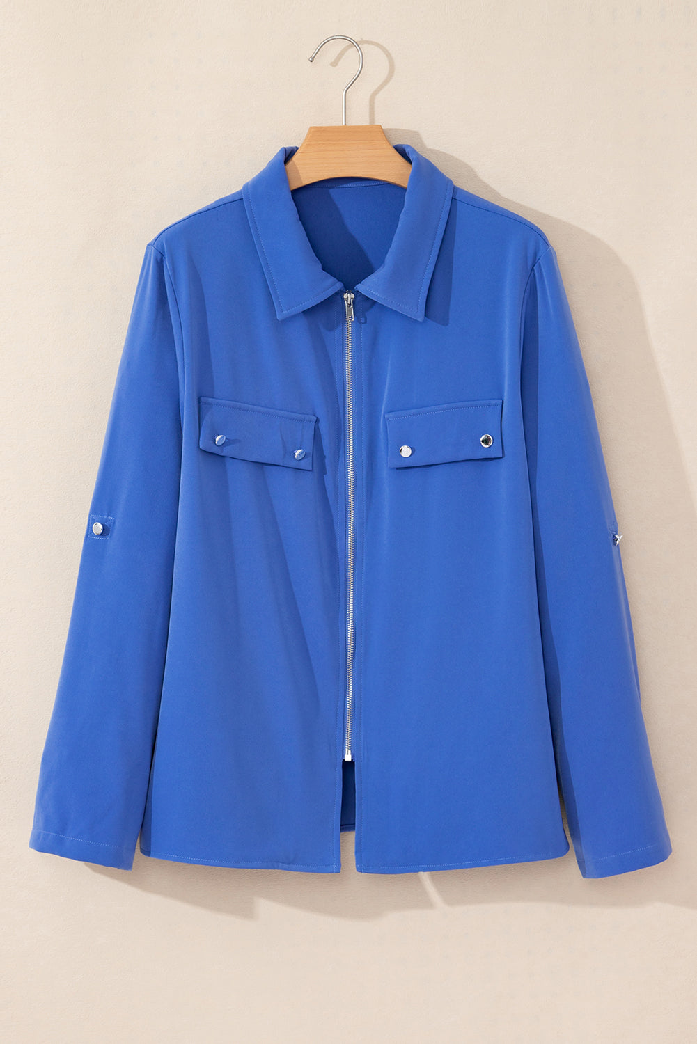 Black Collar Tab Sleeve Zip Up Flap Detail Jacket-Outerwear/Jackets-[Adult]-[Female]-2022 Online Blue Zone Planet