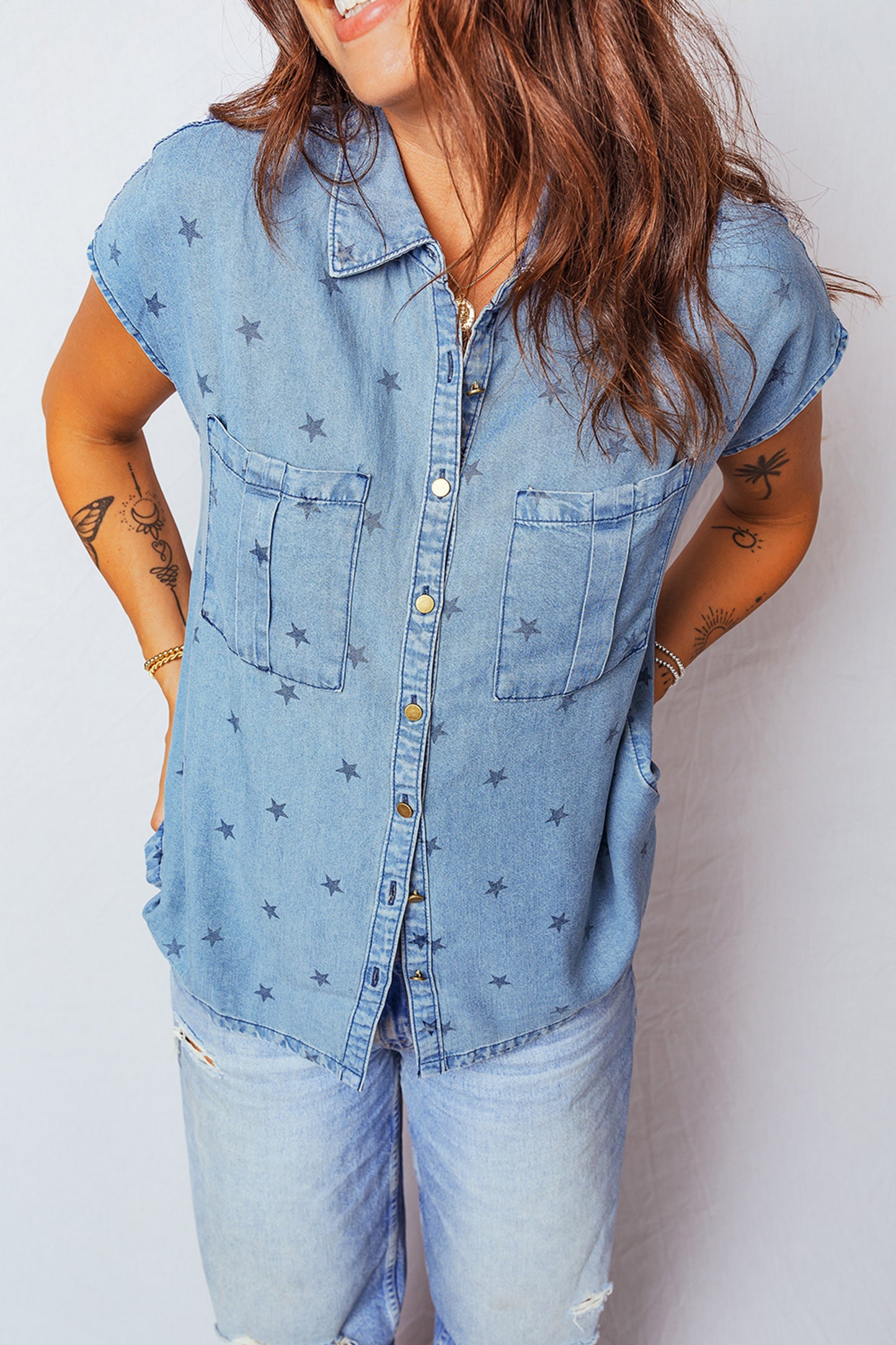 Beau Blue Star Allover Print Double Chest Pocket Short Sleeve Denim Shirt-Tops/Blouses & Shirts-[Adult]-[Female]-2022 Online Blue Zone Planet