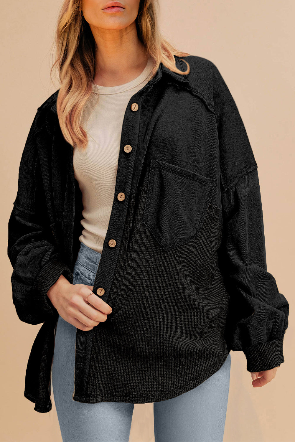 Black Waffle Knit Patchwork Exposed Seam Loose Shacket-Outerwear/Jackets-[Adult]-[Female]-2022 Online Blue Zone Planet