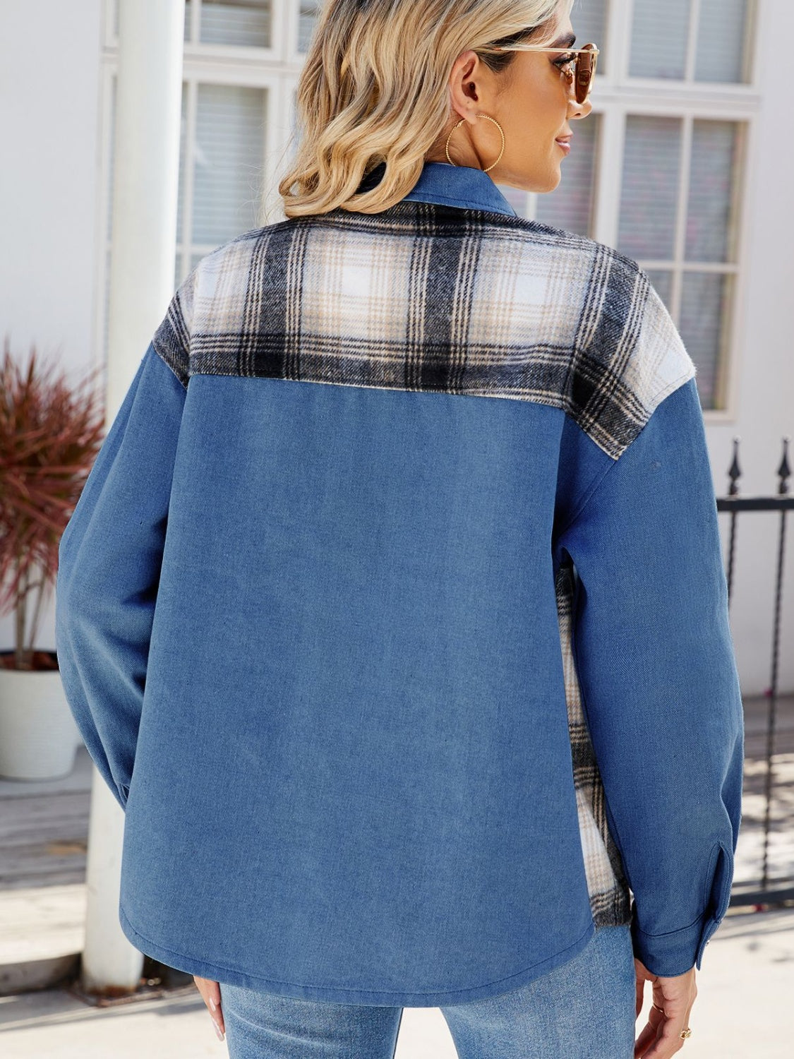 Plaid Button Up Long Sleeve Denim Jacket-TOPS / DRESSES-[Adult]-[Female]-2022 Online Blue Zone Planet