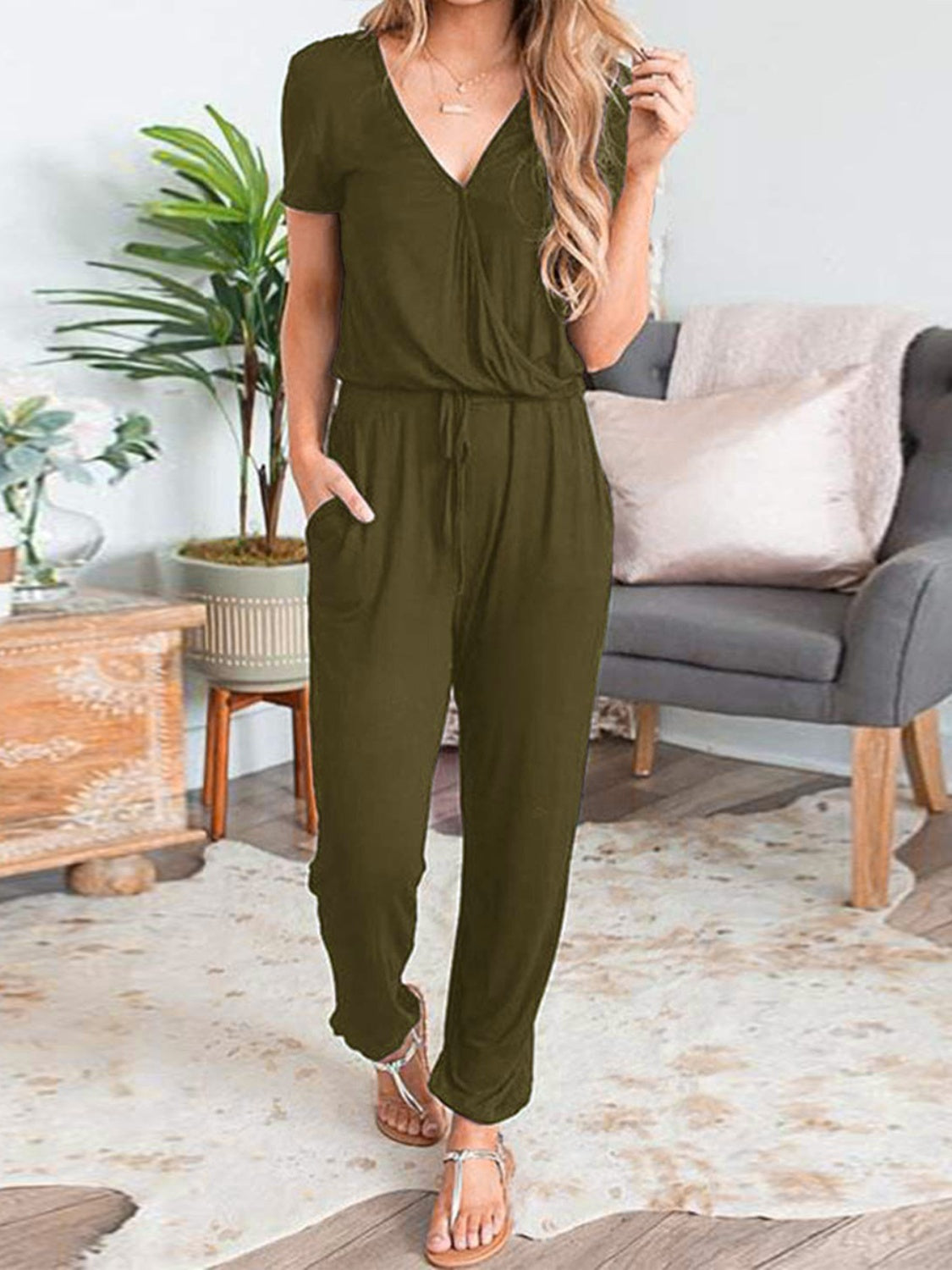 Drawstring Surplice Short Sleeve Jumpsuit-TOPS / DRESSES-[Adult]-[Female]-2022 Online Blue Zone Planet