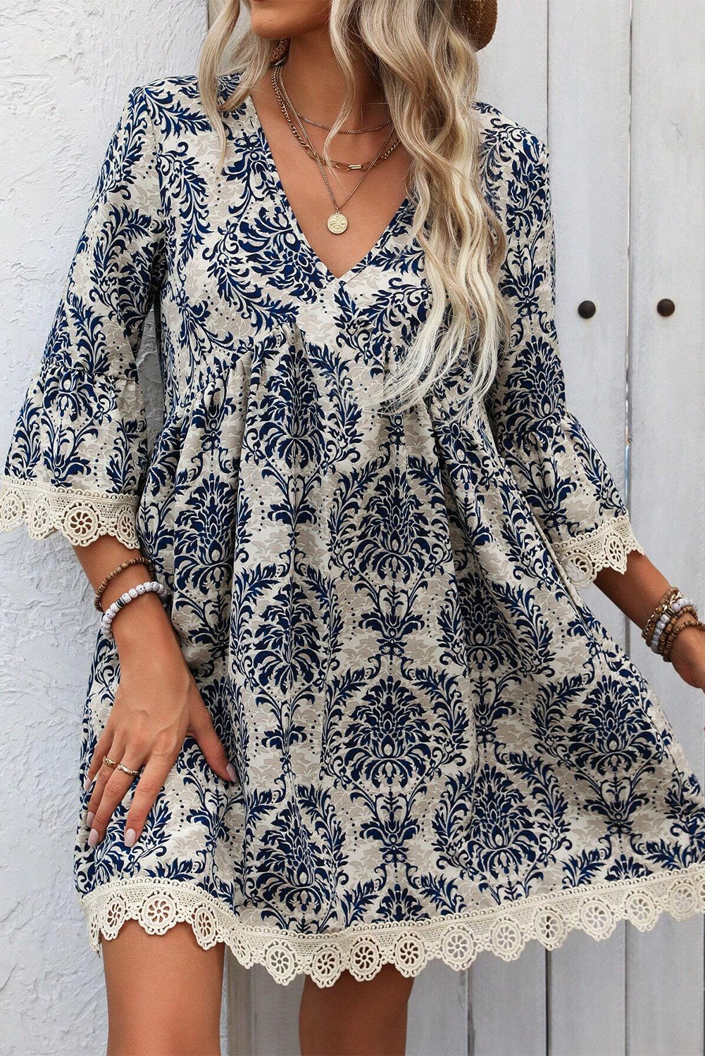 Blue Zone Planet | Sky Blue Vintage Printed Lace Trim V Neck 3/4 Sleeve Loose Dress-TOPS / DRESSES-[Adult]-[Female]-2022 Online Blue Zone Planet