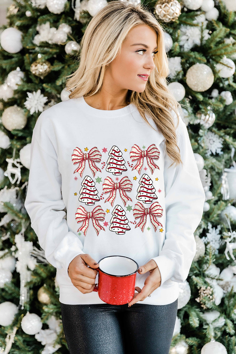 Blue Zone Planet | White Christmas Tree Bowknot Heat Transfer Graphic Sweatshirt-Graphic Sweatshirts-[Adult]-[Female]-2022 Online Blue Zone Planet