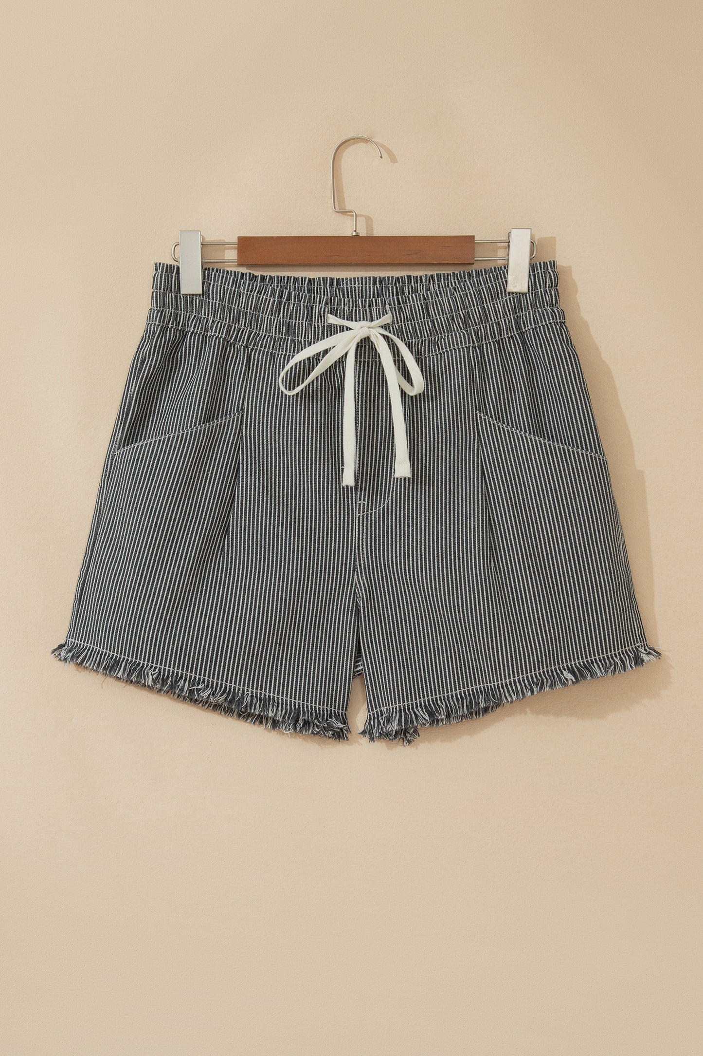 Black Stripe Raw Edge Drawstring Elastic Waist Casual Denim Shorts-Bottoms/Denim Shorts-[Adult]-[Female]-2022 Online Blue Zone Planet