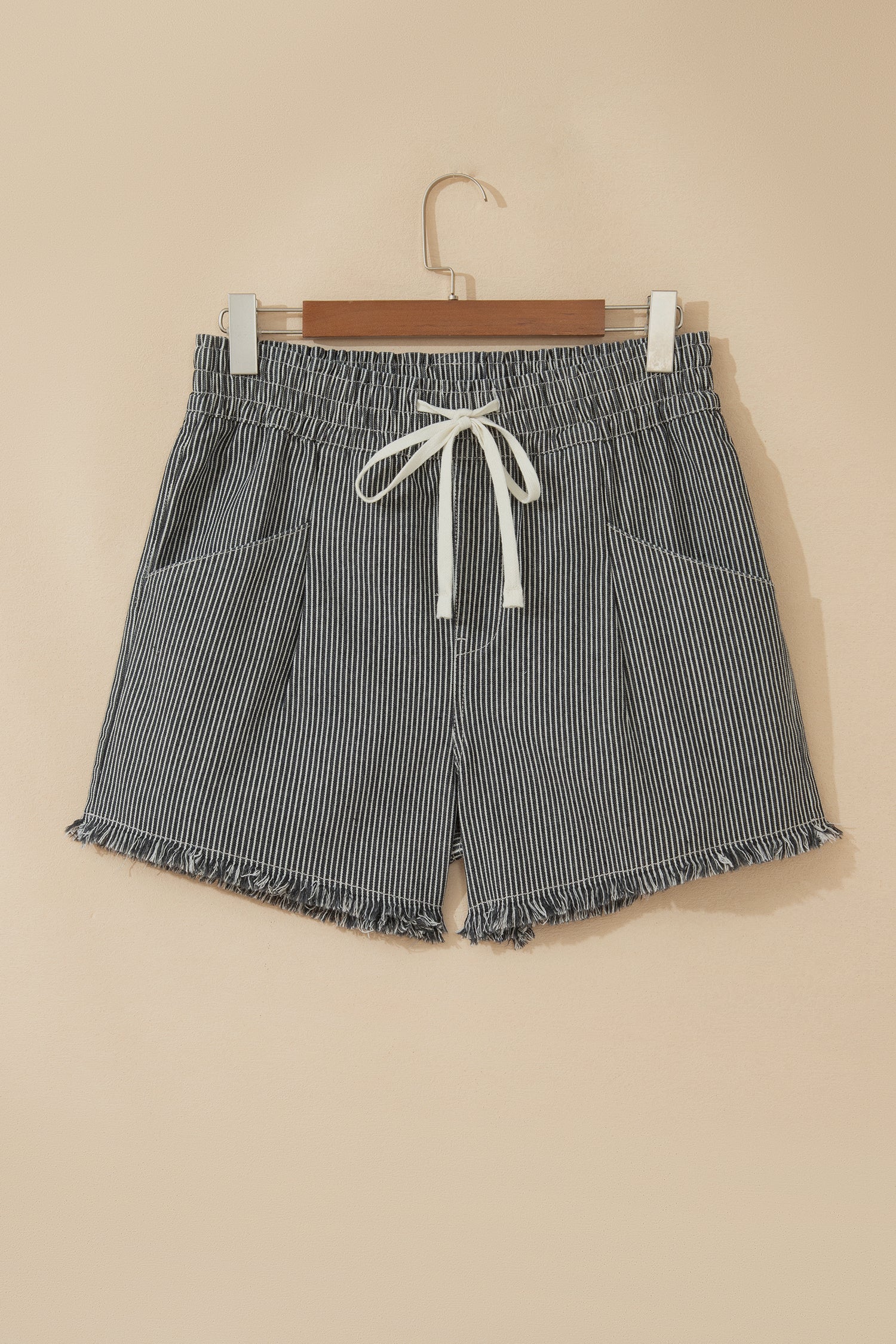 Black Stripe Raw Edge Drawstring Elastic Waist Casual Denim Shorts-Bottoms/Denim Shorts-[Adult]-[Female]-2022 Online Blue Zone Planet