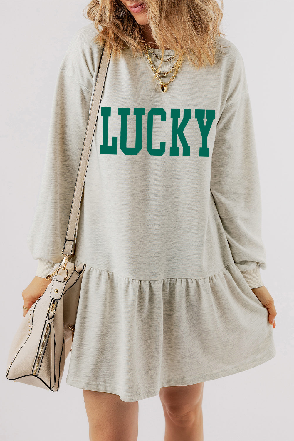White St Patricks LUCKY Graphic Long Sleeve Ruffle Hem Mini Dress-Graphic Apparel-[Adult]-[Female]-White-S-2022 Online Blue Zone Planet