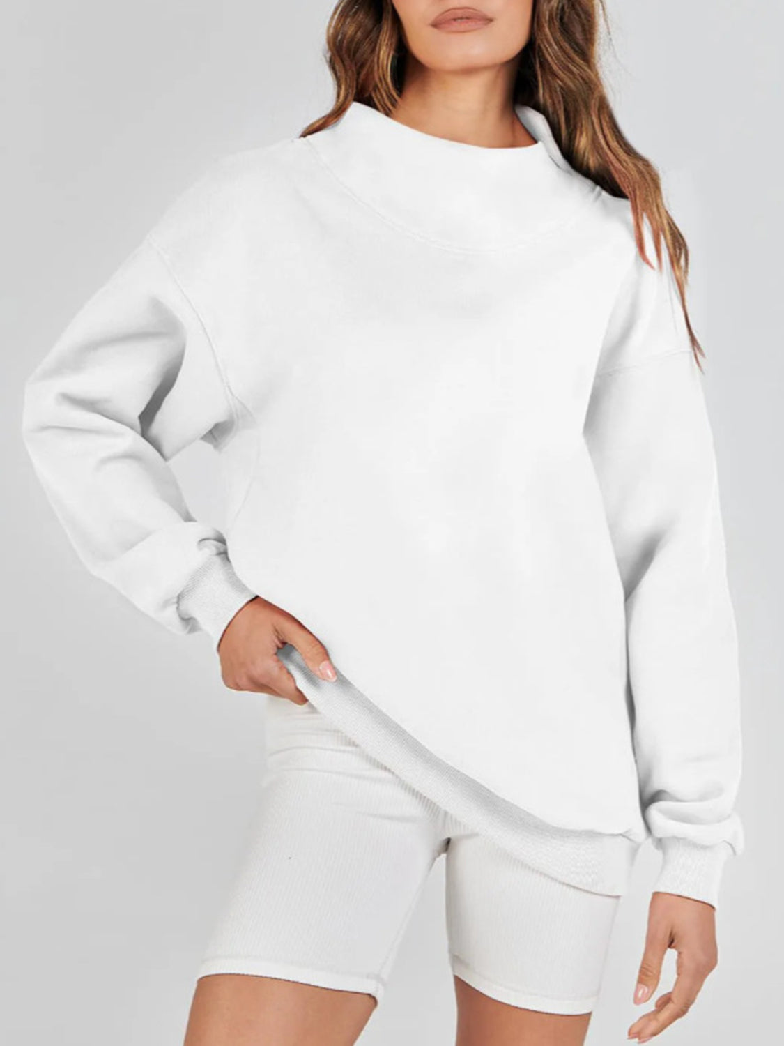 Blue Zone Planet | Mock Neck Drop Shoulder Long Sleeve Sweatshirt-TOPS / DRESSES-[Adult]-[Female]-White-S-2022 Online Blue Zone Planet