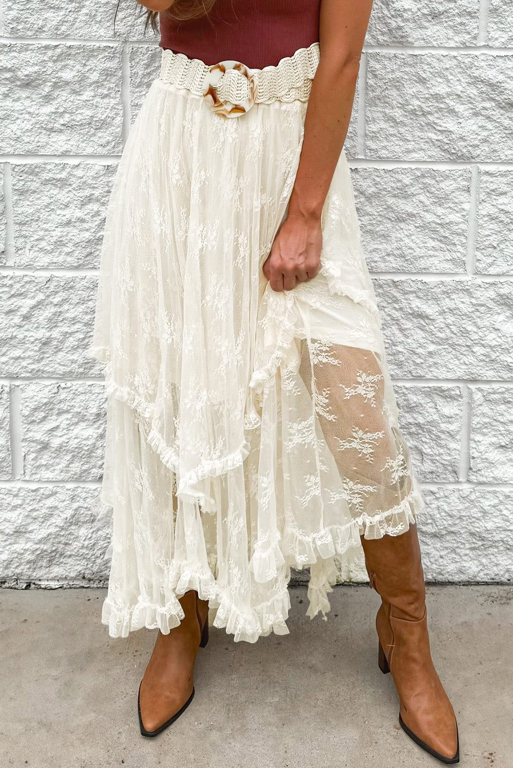 Beige Lace Cascading Tiered High Waist Maxi Skirt-Bottoms/Skirts & Petticoat-[Adult]-[Female]-2022 Online Blue Zone Planet