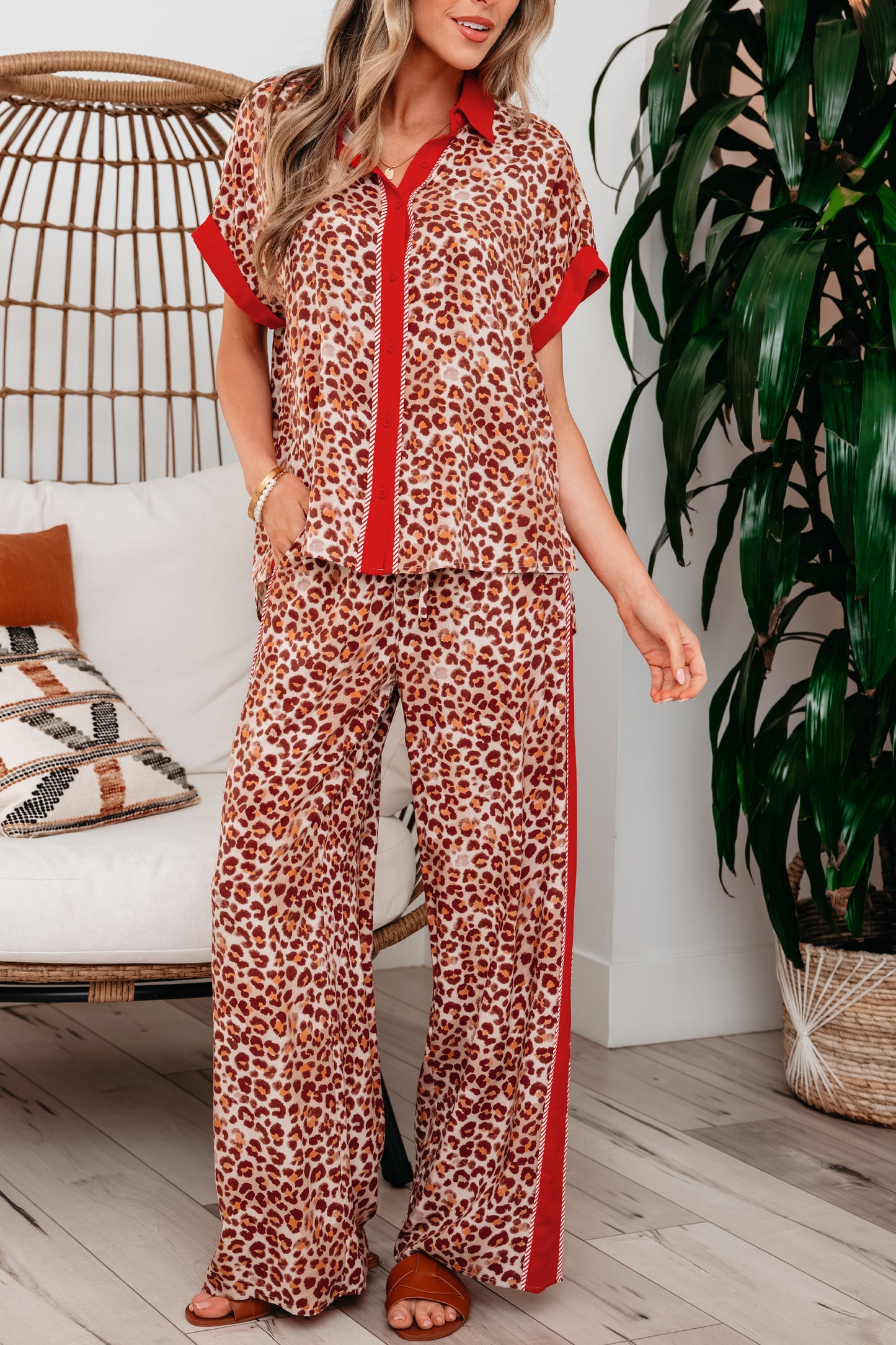 Brown Contrast Trim Leopard Top and Pant Set-Two Piece Sets/Pant Sets-[Adult]-[Female]-2022 Online Blue Zone Planet