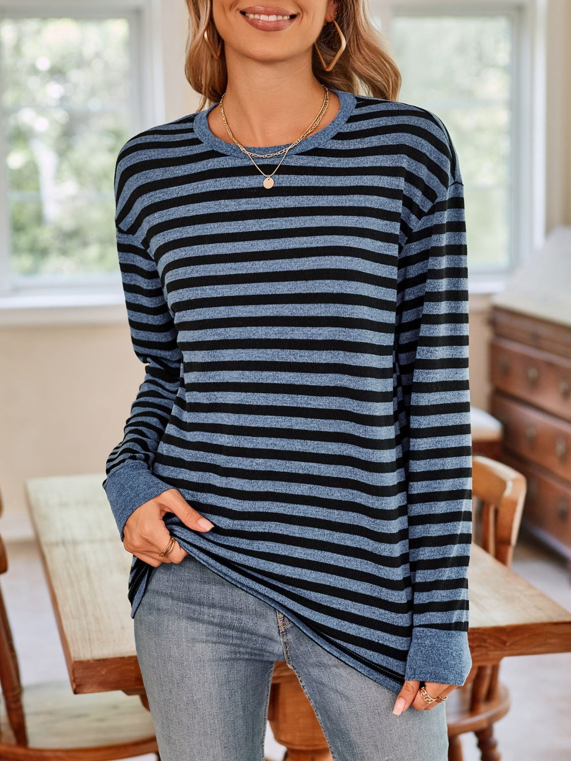 Blue Zone Planet | Lovelet Striped Round Neck Long Sleeve T-Shirt-TOPS / DRESSES-[Adult]-[Female]-2022 Online Blue Zone Planet