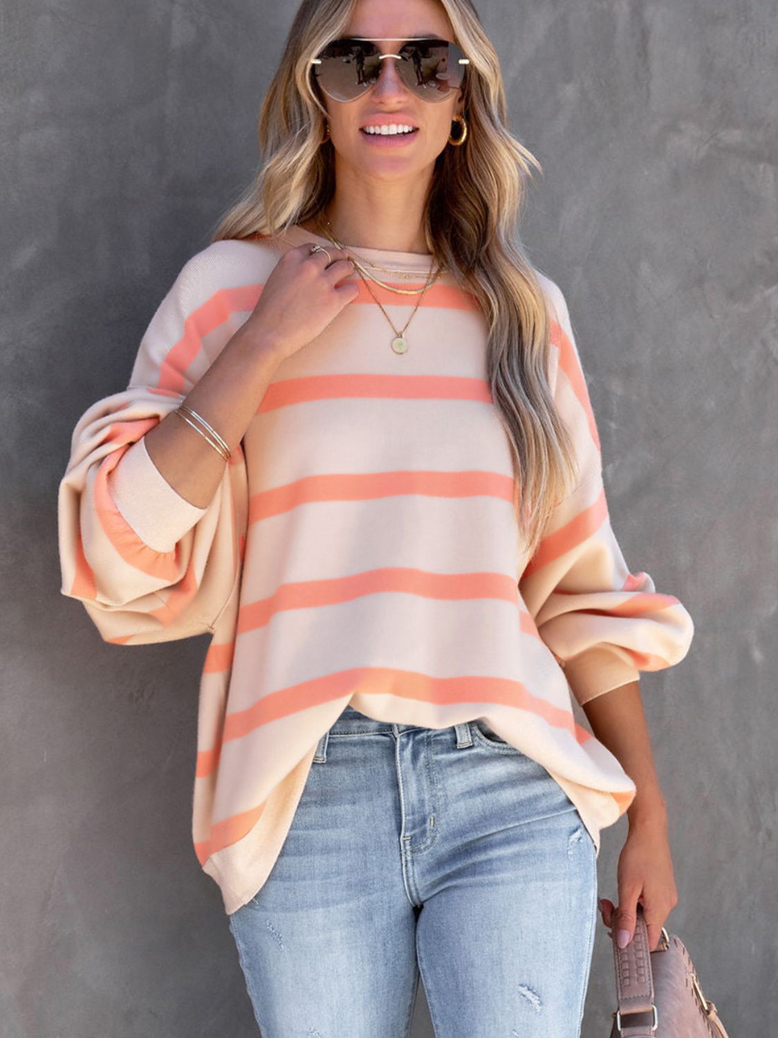 Blue Zone Planet | Striped Round Neck Long Sleeve Sweatshirt-TOPS / DRESSES-[Adult]-[Female]-2022 Online Blue Zone Planet