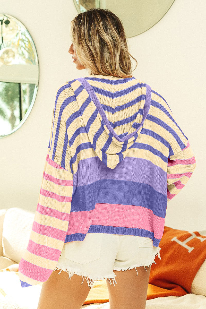 BiBi Striped Color Block Hooded Knit Top-TOPS / DRESSES-[Adult]-[Female]-2022 Online Blue Zone Planet