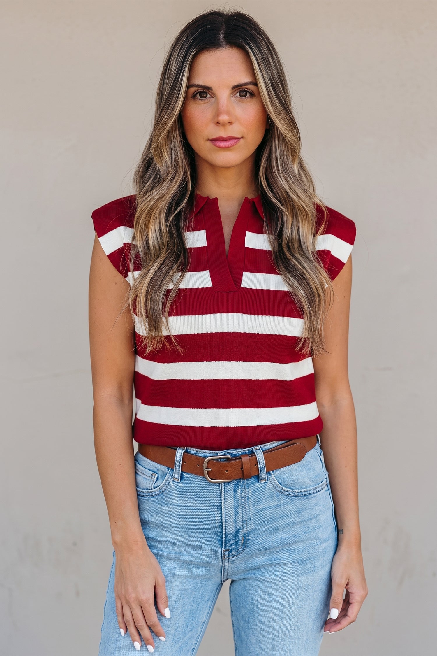 Red Stripe Collared Split Neck Sweater Vest-TOPS / DRESSES-[Adult]-[Female]-2022 Online Blue Zone Planet