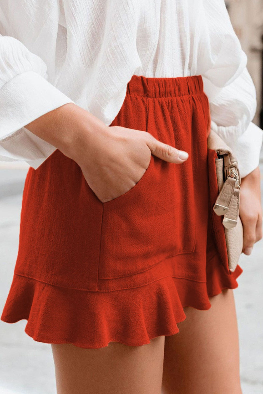 Full Size Ruffled Elastic Waist Shorts-BOTTOMS SIZES SMALL MEDIUM LARGE-[Adult]-[Female]-Red-S-2022 Online Blue Zone Planet