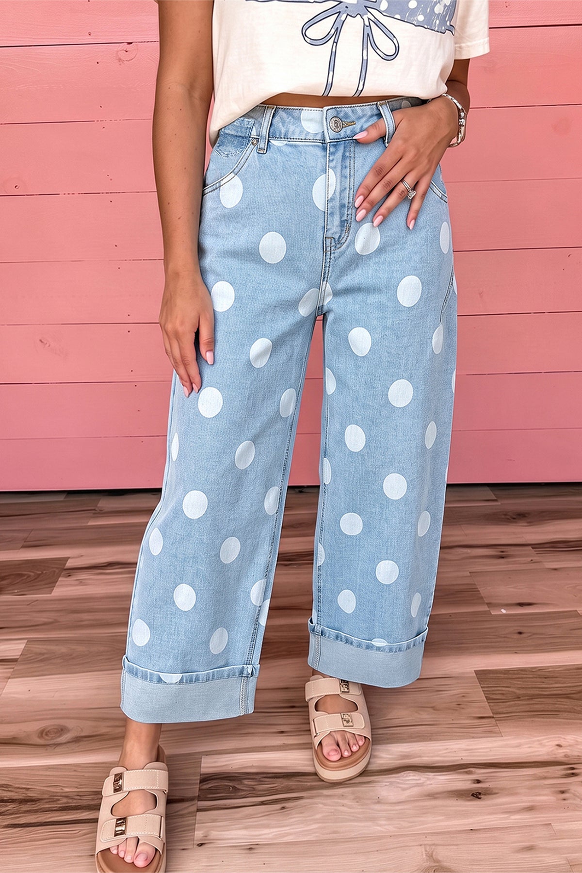 Sky Blue Polka Dot Ankle-Length Metal Button Casual Jeans-Bottoms/Jeans-[Adult]-[Female]-2022 Online Blue Zone Planet