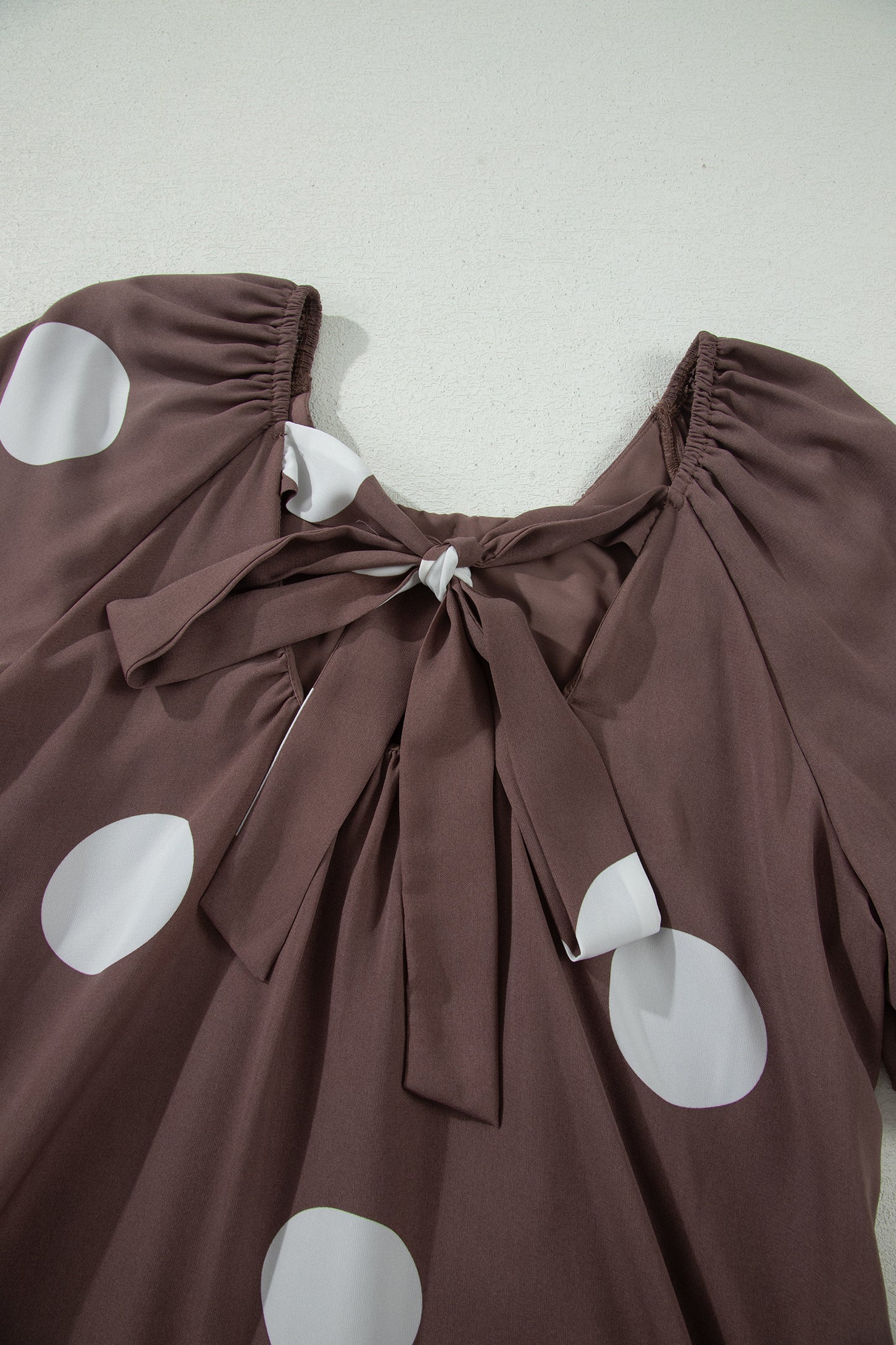 Brown Polka Dot Print Knot Back Short Puff Sleeve Loose Mini Dress-TOPS / DRESSES-[Adult]-[Female]-2022 Online Blue Zone Planet