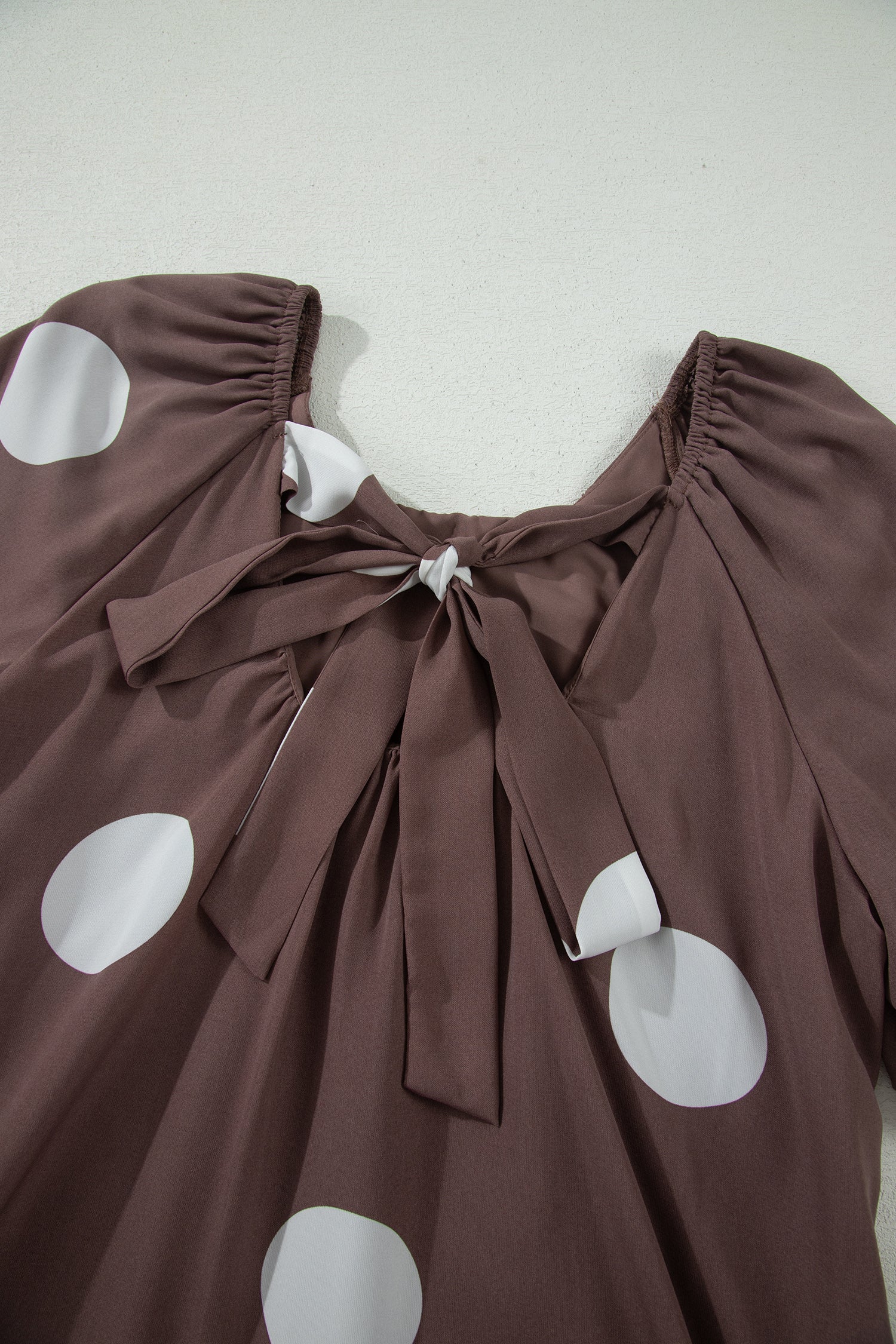 Brown Polka Dot Print Knot Back Short Puff Sleeve Loose Mini Dress-TOPS / DRESSES-[Adult]-[Female]-2022 Online Blue Zone Planet