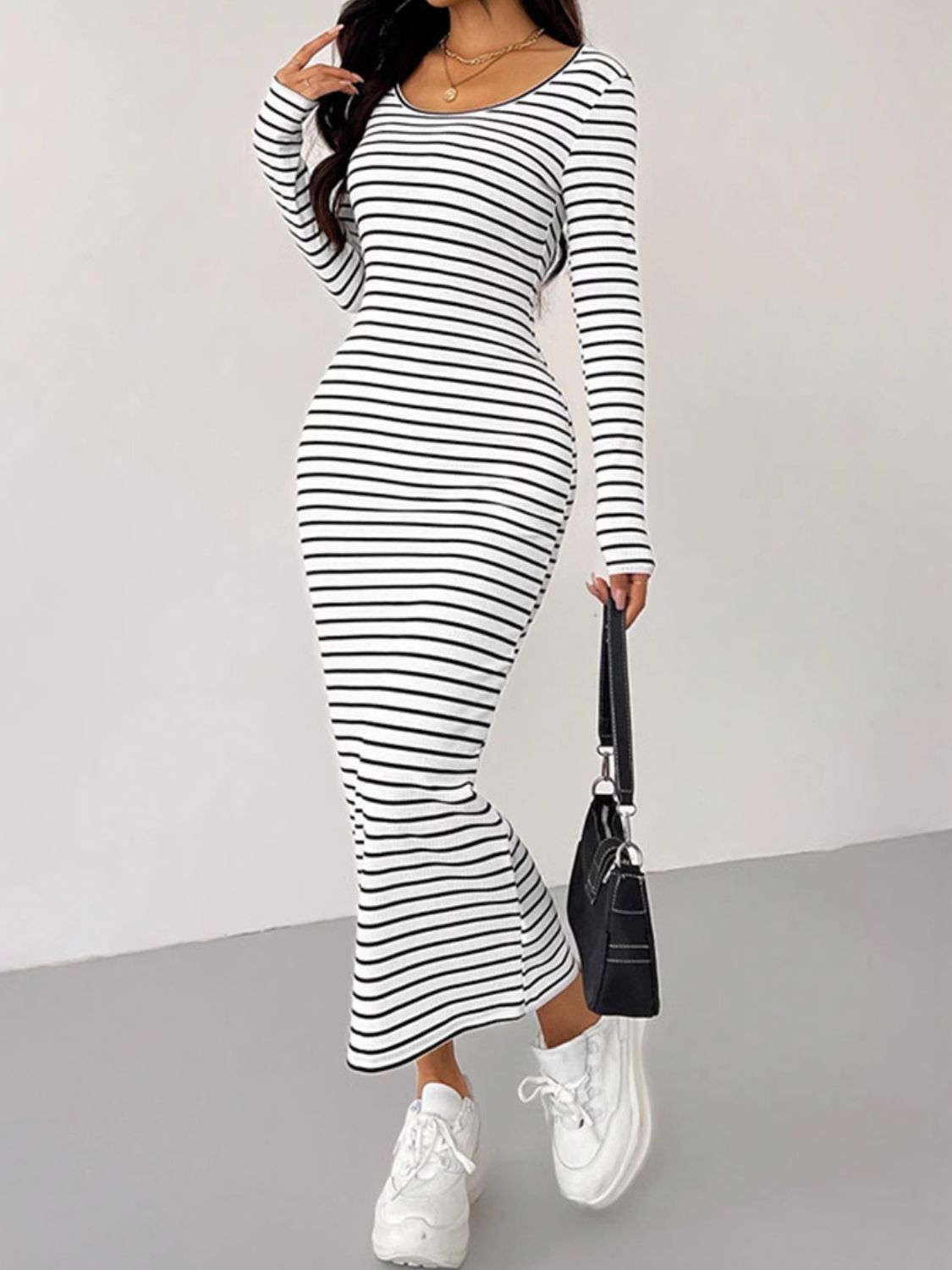 Blue Zone Planet | Striped Scoop Neck Long Sleeve Midi Tee Dress-TOPS / DRESSES-[Adult]-[Female]-White-S-2022 Online Blue Zone Planet