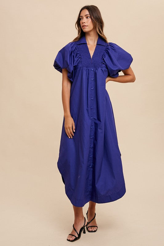 Annie Wear Smocked Puff Sleeve Midi Dress-TOPS / DRESSES-[Adult]-[Female]-2022 Online Blue Zone Planet