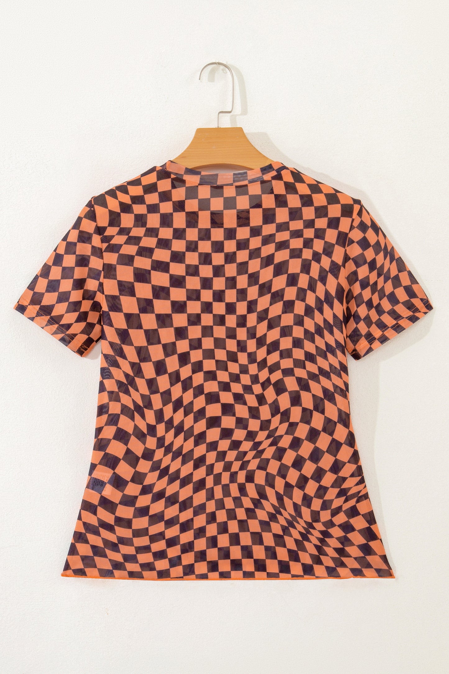 Orange Checkered Print Crew Neck Mesh T Shirt-Tops/Tops & Tees-[Adult]-[Female]-2022 Online Blue Zone Planet