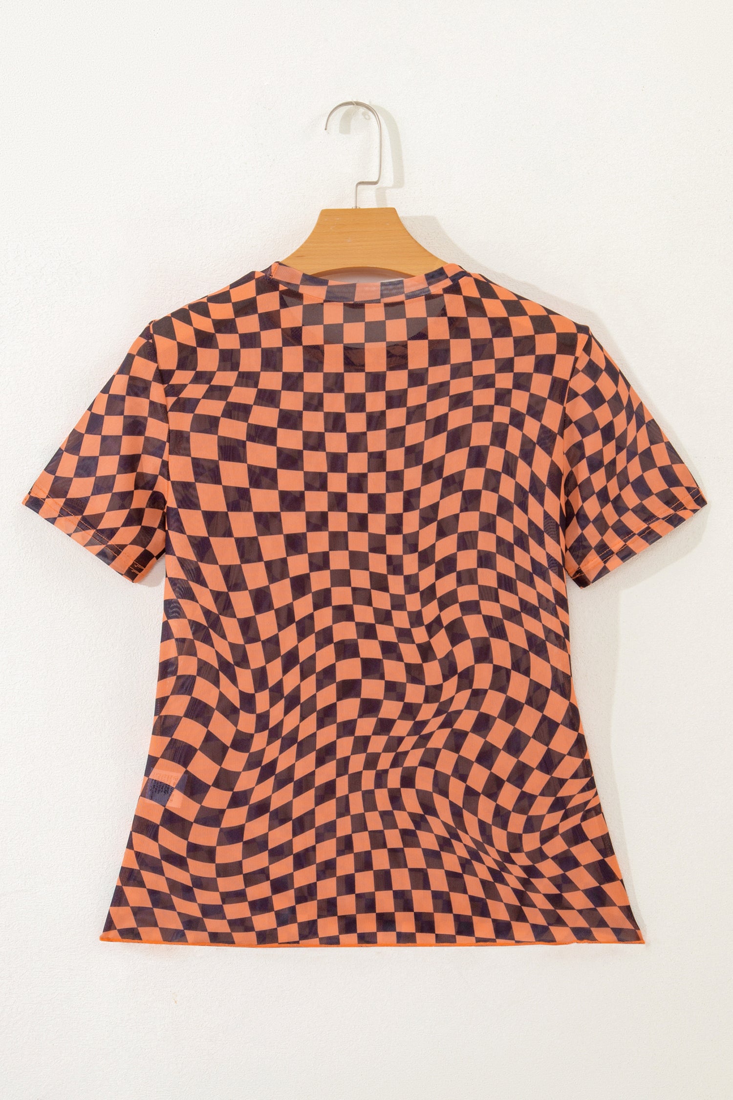 Orange Checkered Print Crew Neck Mesh T Shirt-Tops/Tops & Tees-[Adult]-[Female]-2022 Online Blue Zone Planet