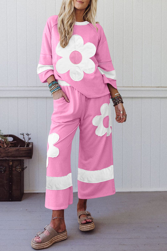 Orchid Bouquet Big Flower Patched Raw Seam Color Block 2 Piece Loose Pant Set-Two Piece Sets/Pant Sets-[Adult]-[Female]-Orchid Bouquet-S-2022 Online Blue Zone Planet