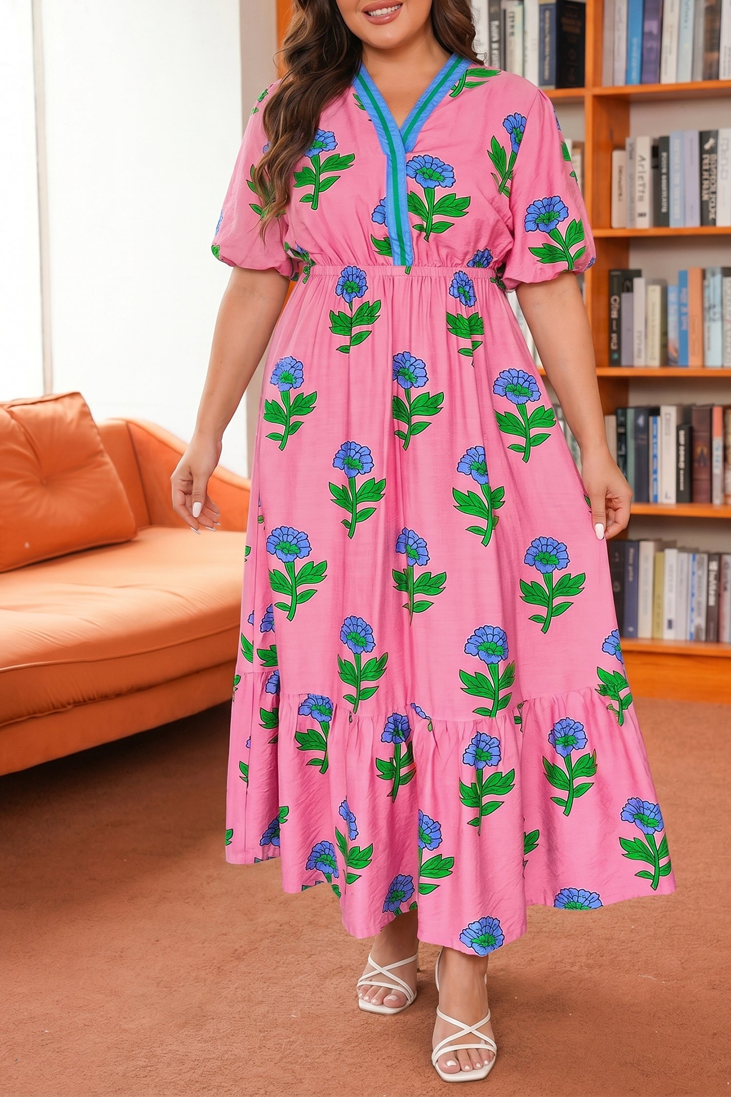 Pink Plus Size Striped V Neck Ruffled Floral Long Dress-TOPS / DRESSES-[Adult]-[Female]-2022 Online Blue Zone Planet