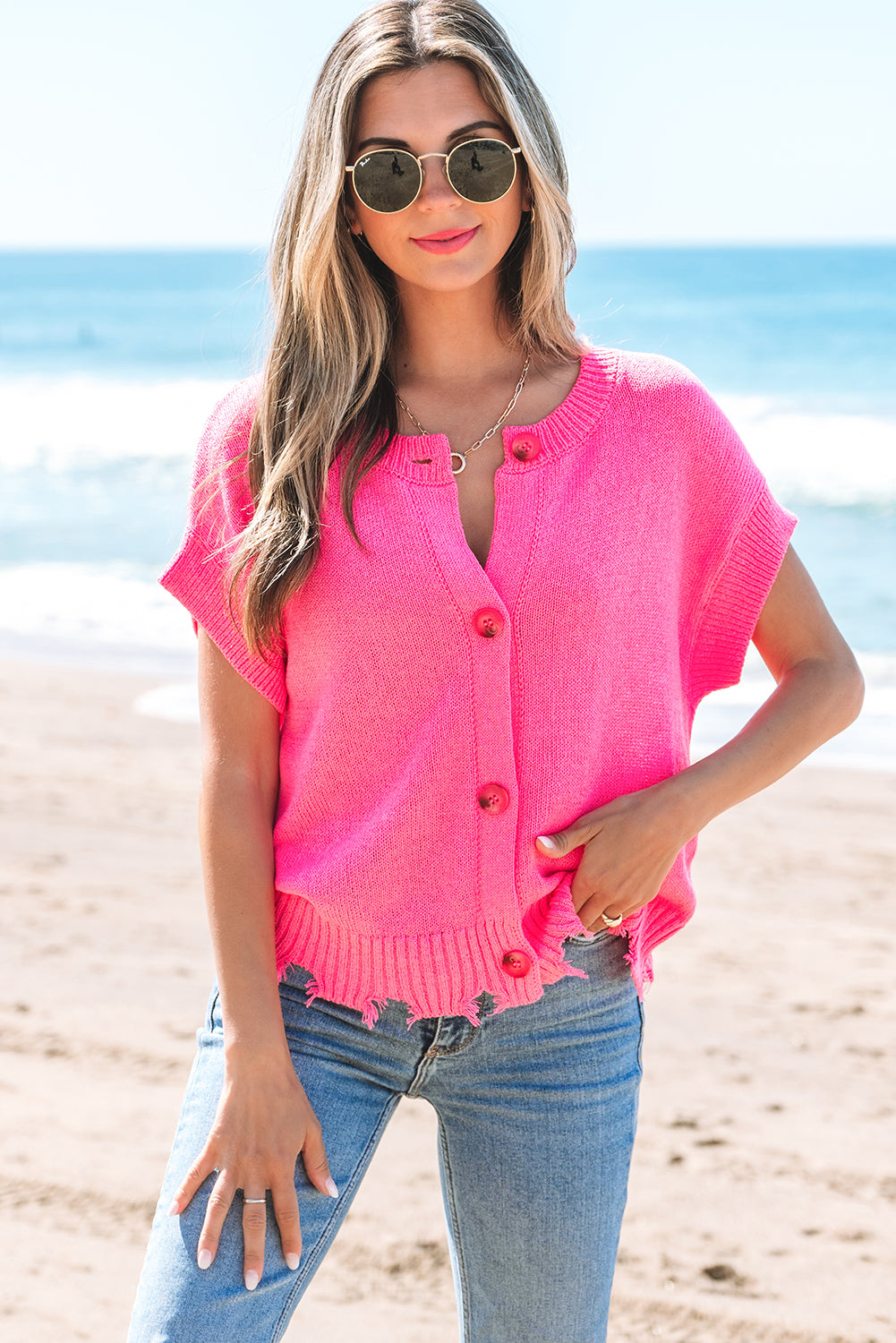 Bright Pink Distressed Hem Short Sleeve Knitted Button Front Sweater-TOPS / DRESSES-[Adult]-[Female]-2022 Online Blue Zone Planet