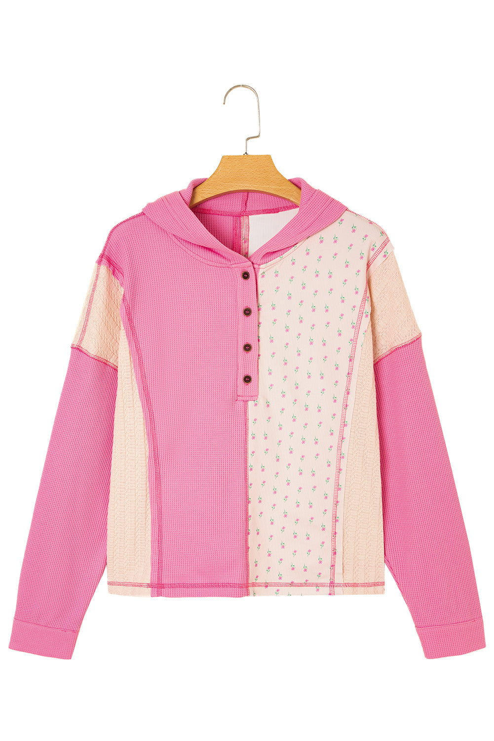 Pink Mixed Texture Waffle Floral Patchwork Hooded Oversize Pullover-Tops/Sweatshirts & Hoodies-[Adult]-[Female]-2022 Online Blue Zone Planet