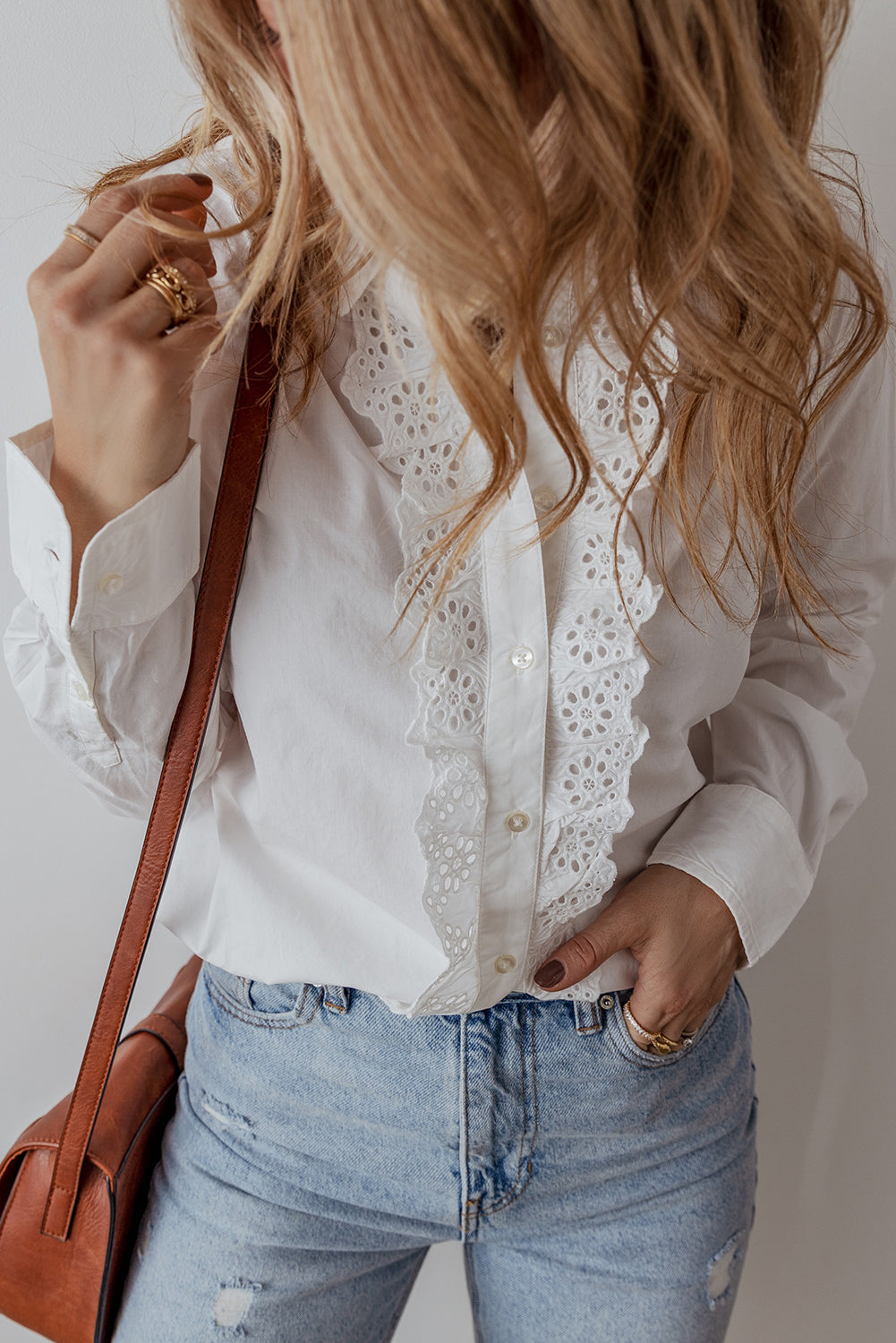 White Lace Crochet Trim Turn Down Collar Buttoned Shirt-Tops/Blouses & Shirts-[Adult]-[Female]-2022 Online Blue Zone Planet