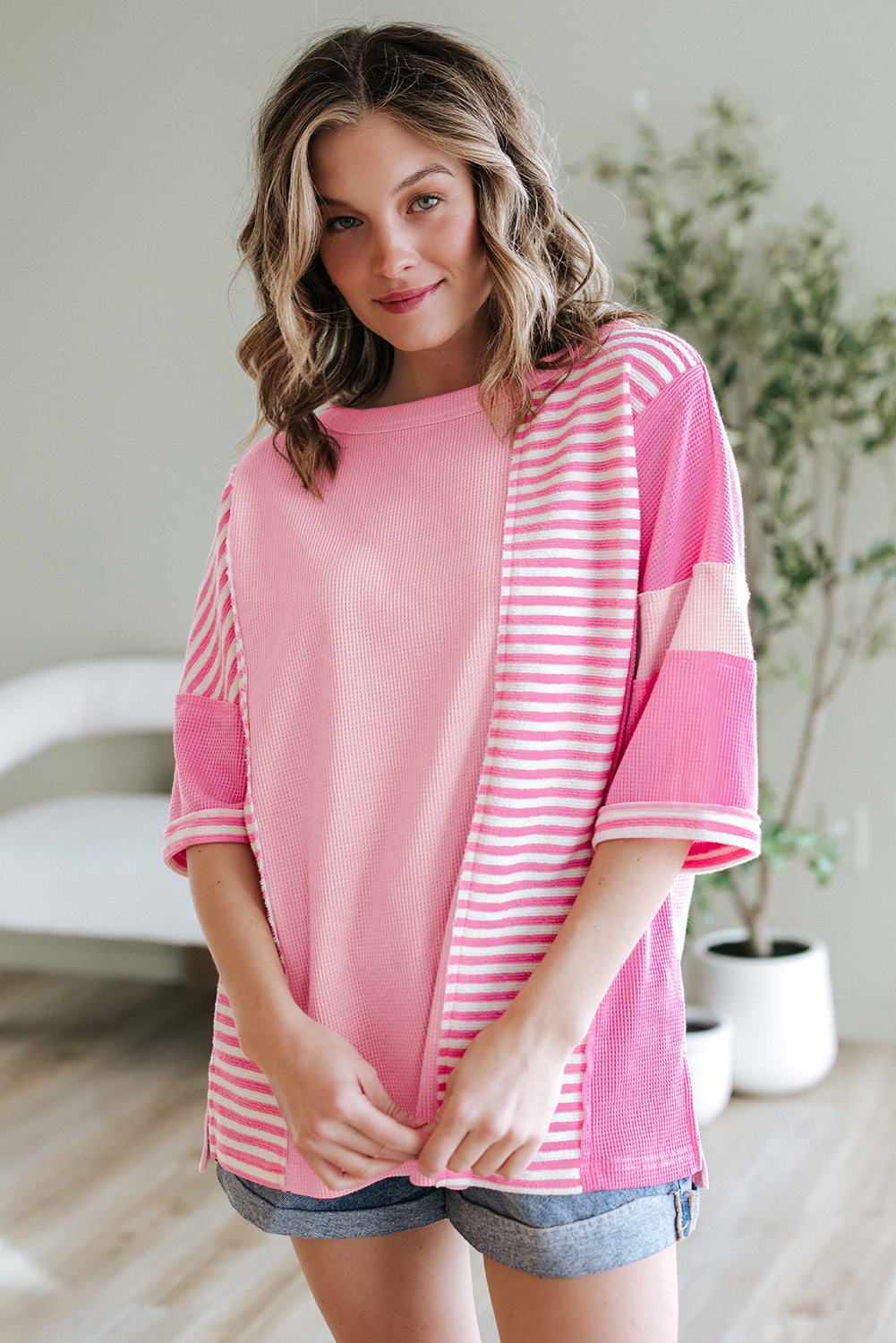 Pink Stripe Color Block Patchwork Loose Half Sleeve T Shirt-Tops/Tops & Tees-[Adult]-[Female]-2022 Online Blue Zone Planet