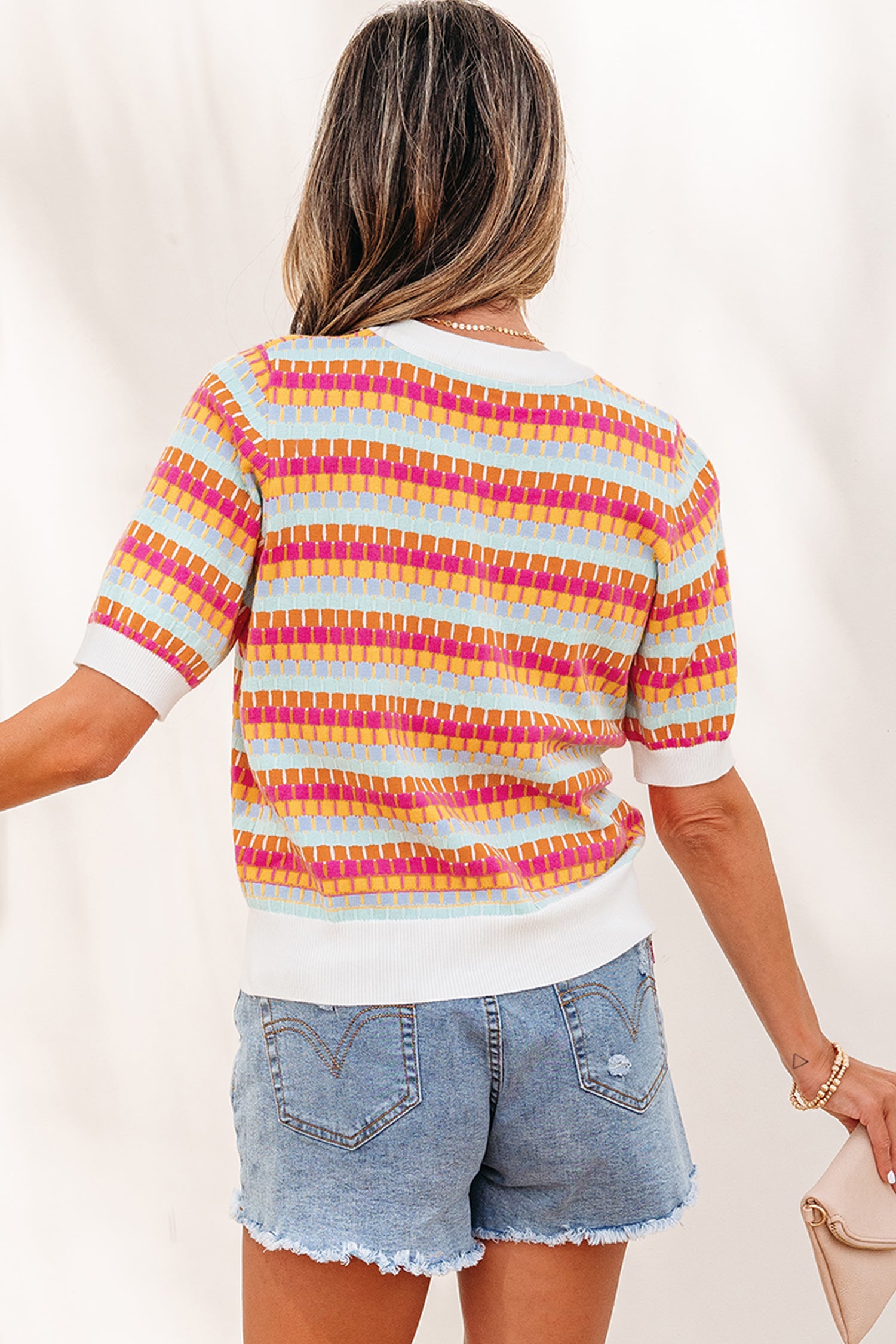 Orange Abstract Striped Knit Short Sleeve Sweater-Sweaters & Cardigans/Short Sleeve Sweaters-[Adult]-[Female]-2022 Online Blue Zone Planet