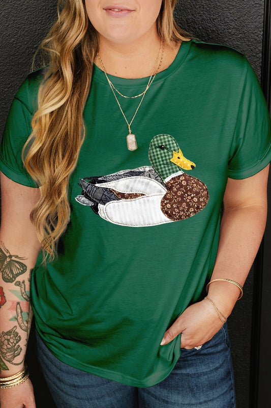 Dark Green Faux Patchwork Mallard Duck Plus Size Graphic Tee-Plus Size/Plus Size Tops/Plus Size Tops & Tees-[Adult]-[Female]-Dark Green-1X-2022 Online Blue Zone Planet
