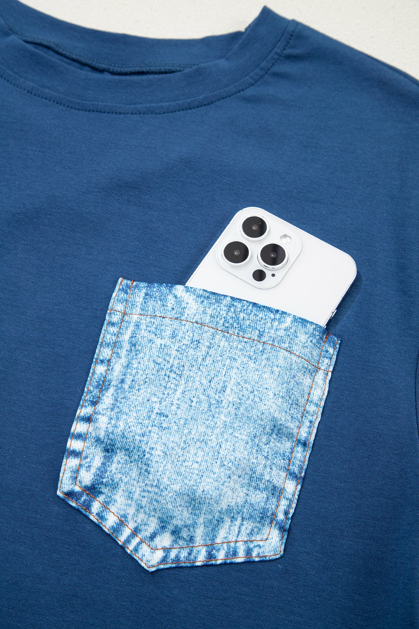 Sail Blue Color Block Chest Pocket Patched Casual Short Sleeve Top-Tops/Tops & Tees-[Adult]-[Female]-2022 Online Blue Zone Planet