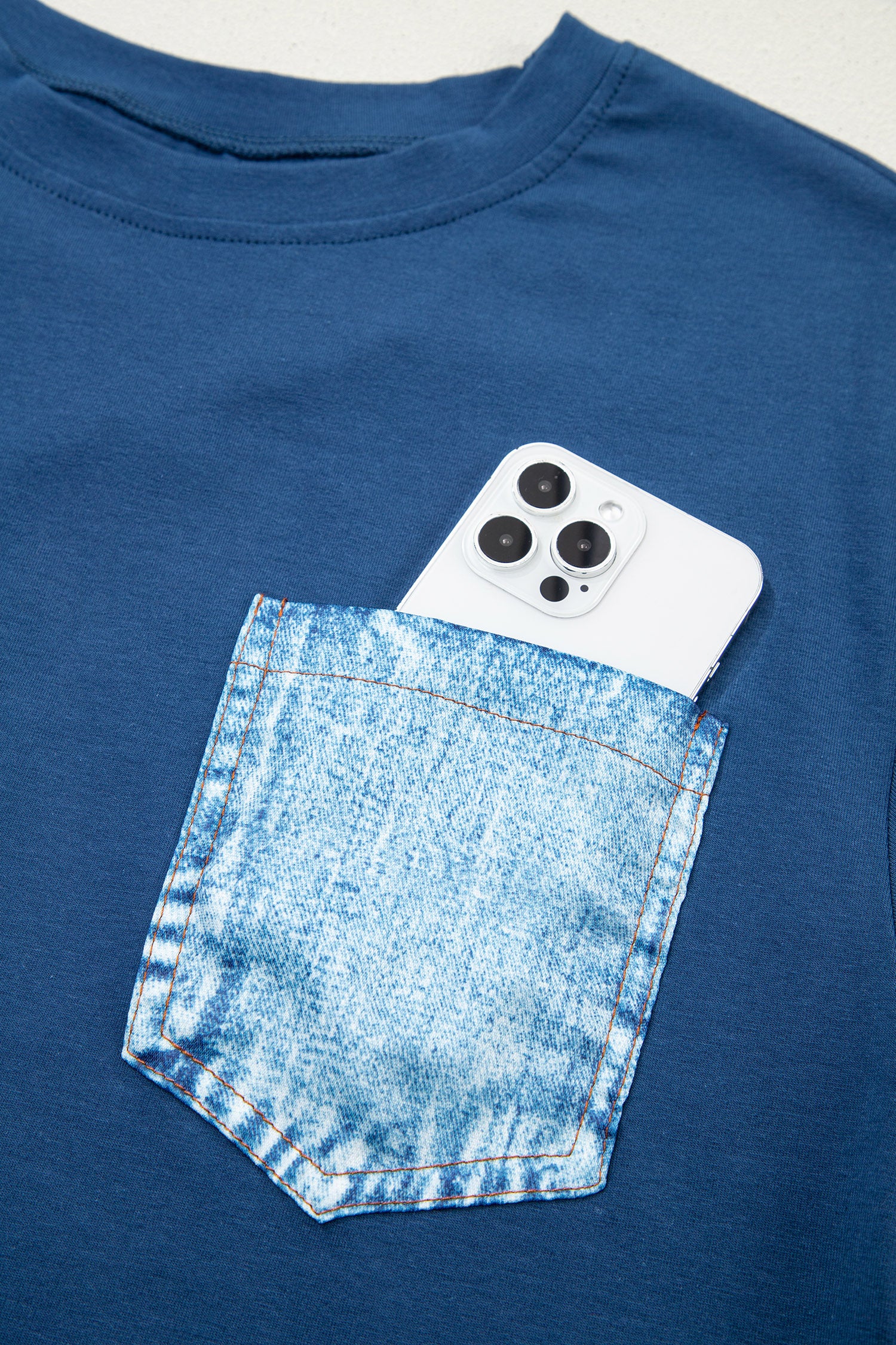 Sail Blue Color Block Chest Pocket Patched Casual Short Sleeve Top-Tops/Tops & Tees-[Adult]-[Female]-2022 Online Blue Zone Planet