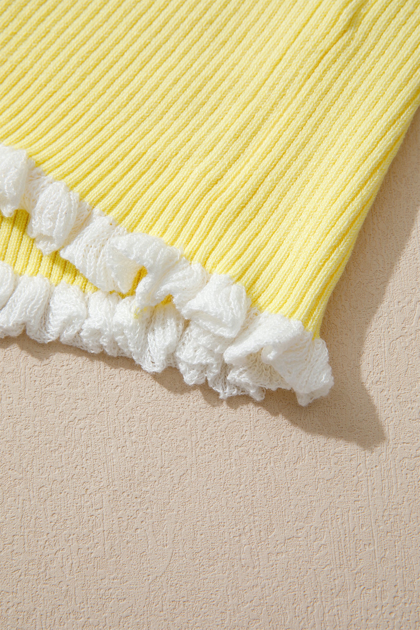 Yellow Cream Ribbed Knit Contrast Frilled Short Sleeve Sweater Cardigan-TOPS / DRESSES-[Adult]-[Female]-2022 Online Blue Zone Planet