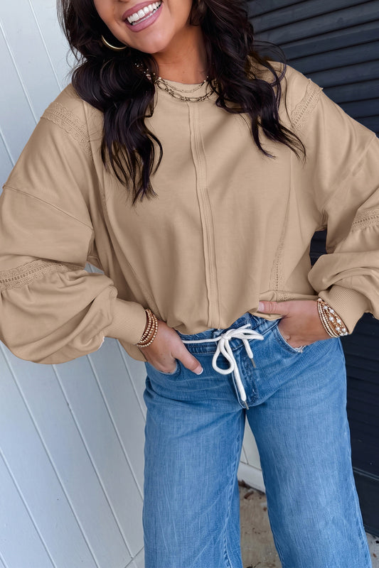 Parchment Solid Color Raw Seam Lace Detail Loose Casual Sweatshirt-Tops/Sweatshirts & Hoodies-[Adult]-[Female]-Parchment-S-2022 Online Blue Zone Planet