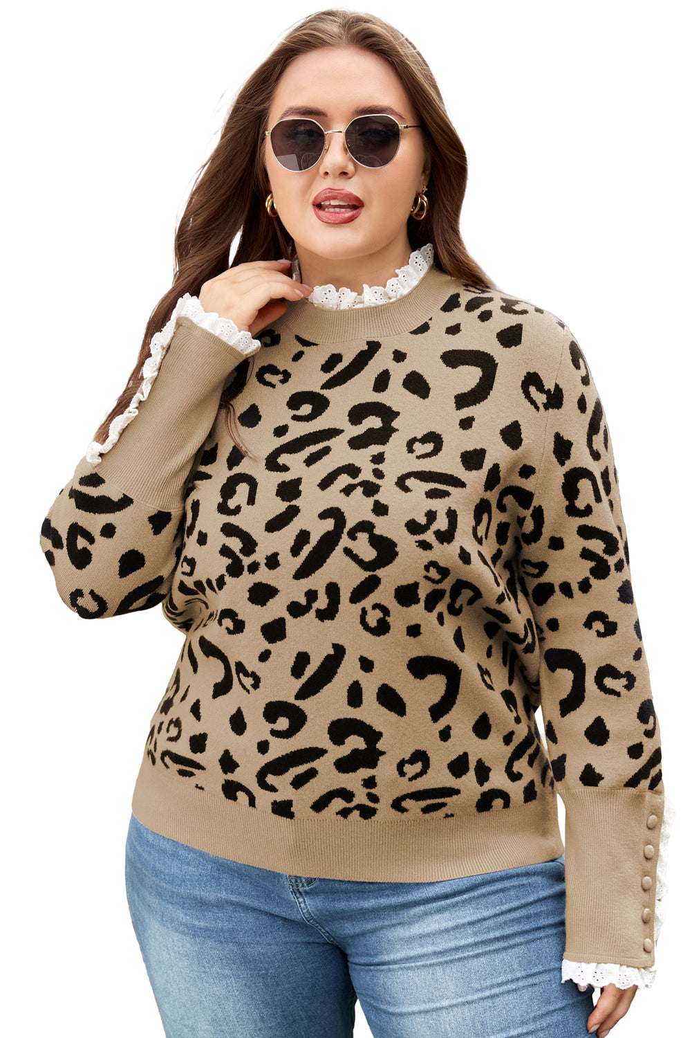 Brown Leopard Knitted Lacy Trim Cuffed Plus Size Sweater-TOPS / DRESSES-[Adult]-[Female]-2022 Online Blue Zone Planet