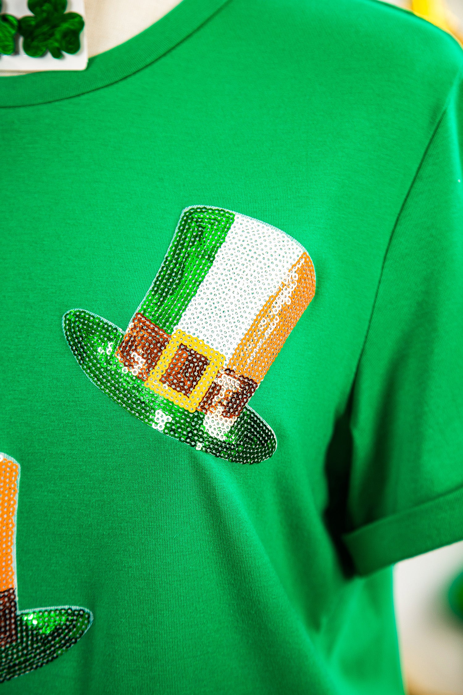 Bright Green Sequin St Patricks Day Hat Relaxed T Shirt-Graphic/Graphic Tees-[Adult]-[Female]-2022 Online Blue Zone Planet