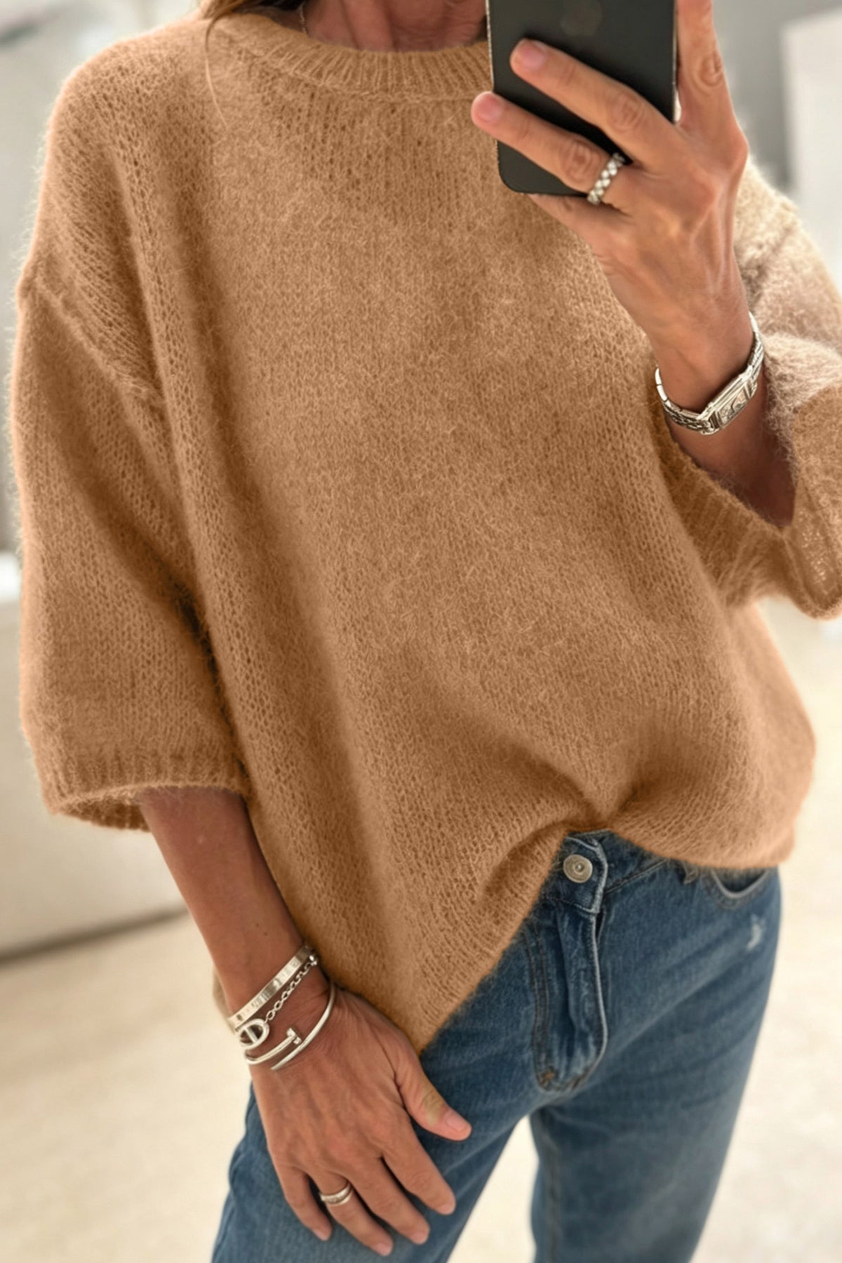 White Solid Color Knit Half Sleeve Round Neck Shift Sweater-TOPS / DRESSES-[Adult]-[Female]-Camel-S-2022 Online Blue Zone Planet