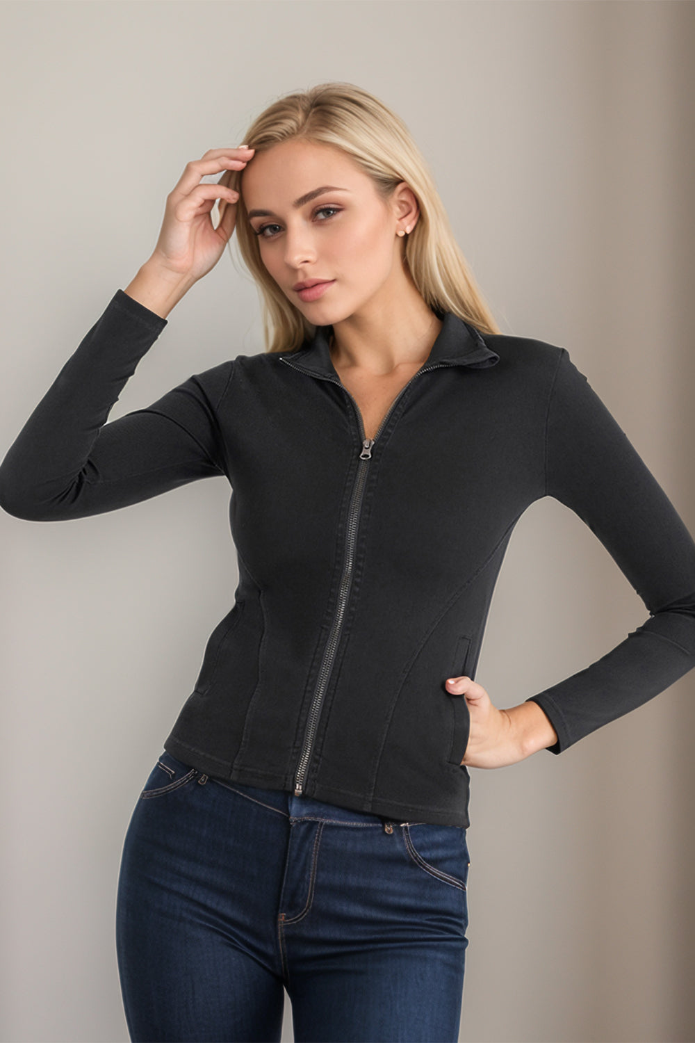 Basic Bae Pocketed Turtleneck Zip Up Denim Top-TOPS / DRESSES-[Adult]-[Female]-Black-S-2022 Online Blue Zone Planet