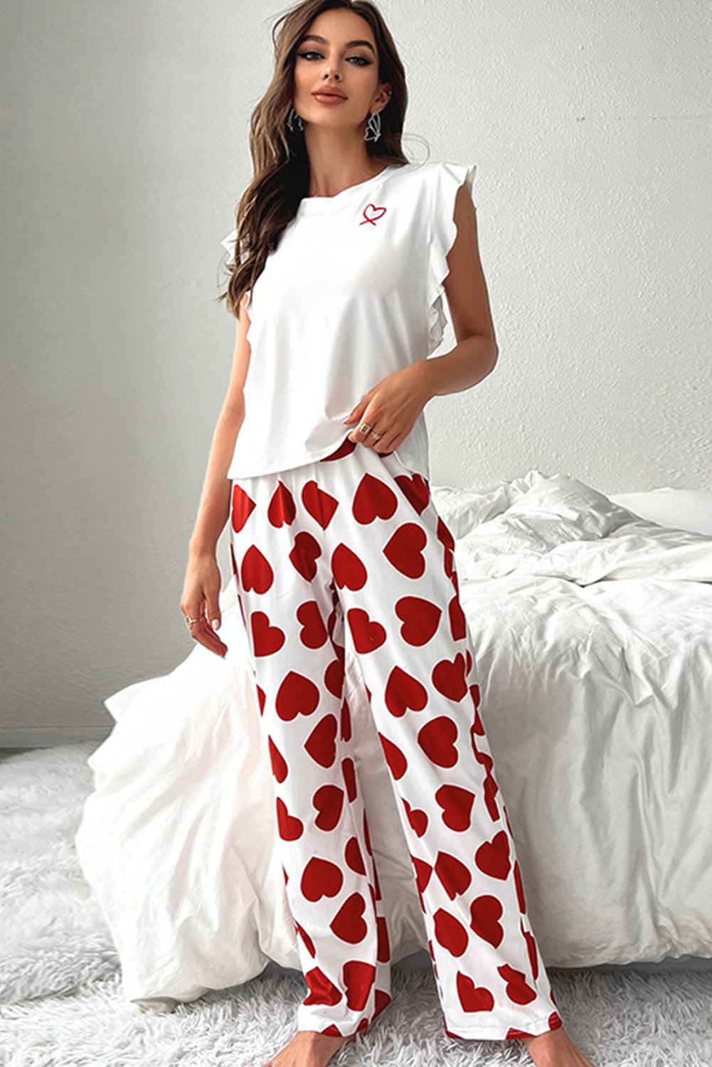 Blue Zone Planet | Red Heart Print Ruffle Sleeveless Top and Pants Valentines Pajama Set-Loungewear Set-[Adult]-[Female]-2022 Online Blue Zone Planet