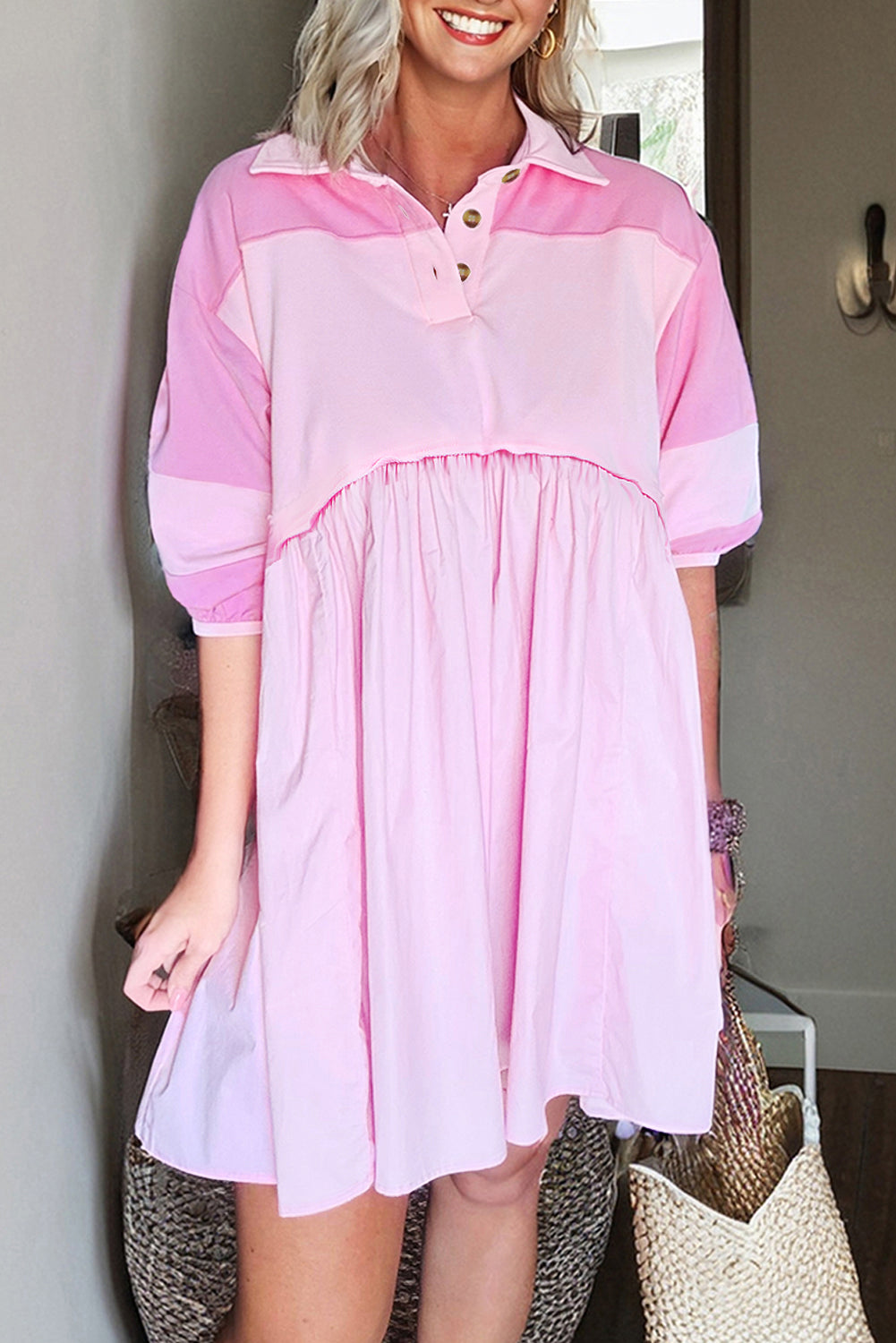 Pink Raw Seam Color Block Patchwork Button Polo Collar Mini Dress-TOPS / DRESSES-[Adult]-[Female]-2022 Online Blue Zone Planet