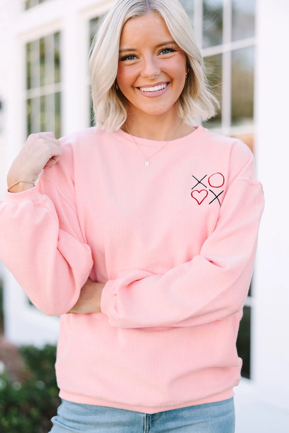 Pink 3d Ribbed XOXO Heart Embroidered Drop Shoulder Sweatshirt-Tops/Sweatshirts & Hoodies-[Adult]-[Female]-2022 Online Blue Zone Planet