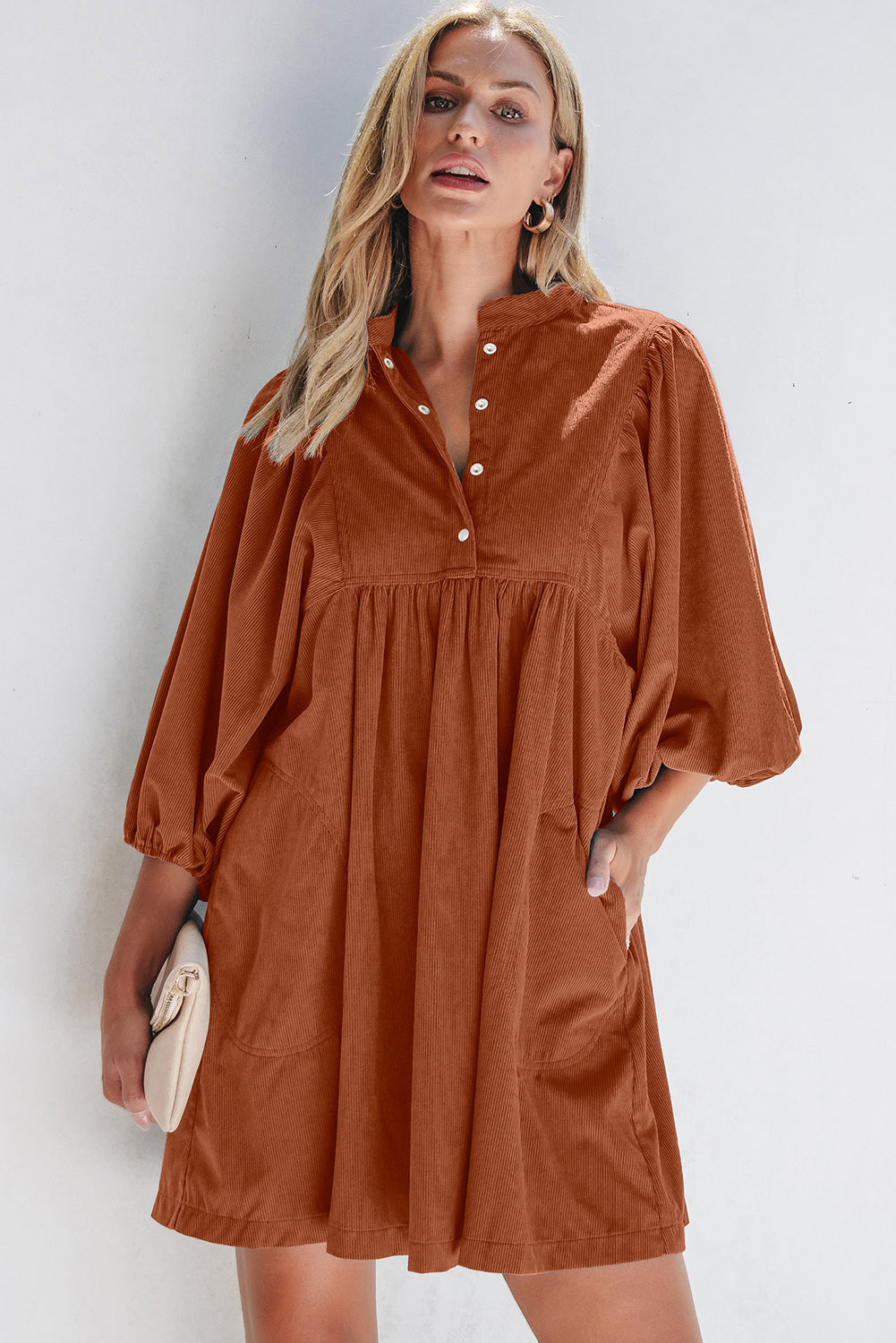 Corduroy Snap Buttons Empire Waist Bracelet Sleeve Dress - Sunny Angela Gold Flame / XL Corduroy Snap Buttons Empire Waist Bracelet Sleeve Dress - Sunny Angela Gold Flame / XL