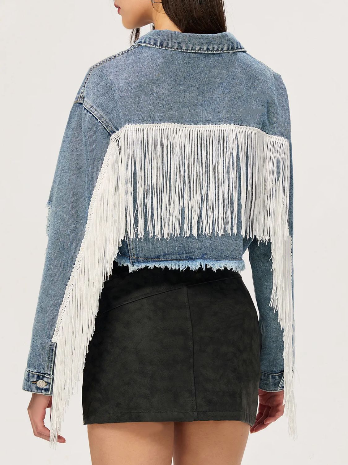 Blue Zone Planet | Distressed Fringe Collared Neck Cropped Denim Top-TOPS / DRESSES-[Adult]-[Female]-2022 Online Blue Zone Planet